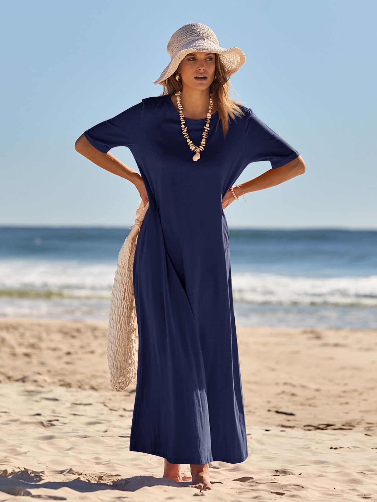 MEROKEETY Women's 2025 Spring Summer Casual Maxi Dress - Short Sleeve Crewneck Long T-Shirt Dress for Beach Vacation, Travel, and Everyday Wear