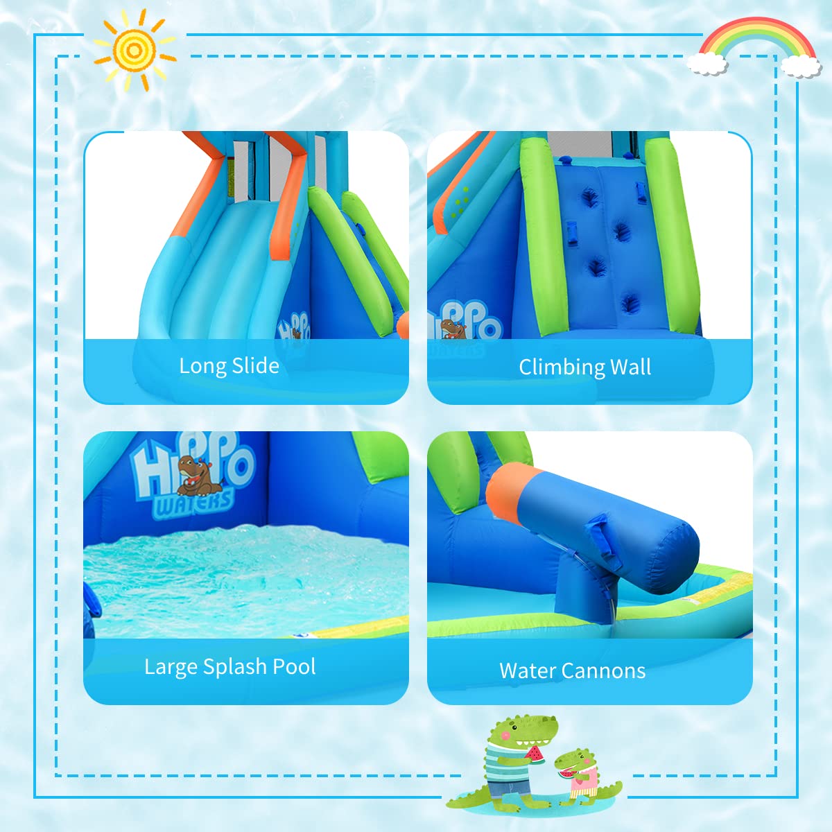HONEY JOY Inflatable Water Slide - Hippo Theme Blow Up Bounce House with Climbing Wall for Backyard, Outdoor & Indoor Use - Kids and Adults Water Park Play Equipment (Blower Not Included) - Perfect for Summer Parties, Family Gatherings and Backyard Fun