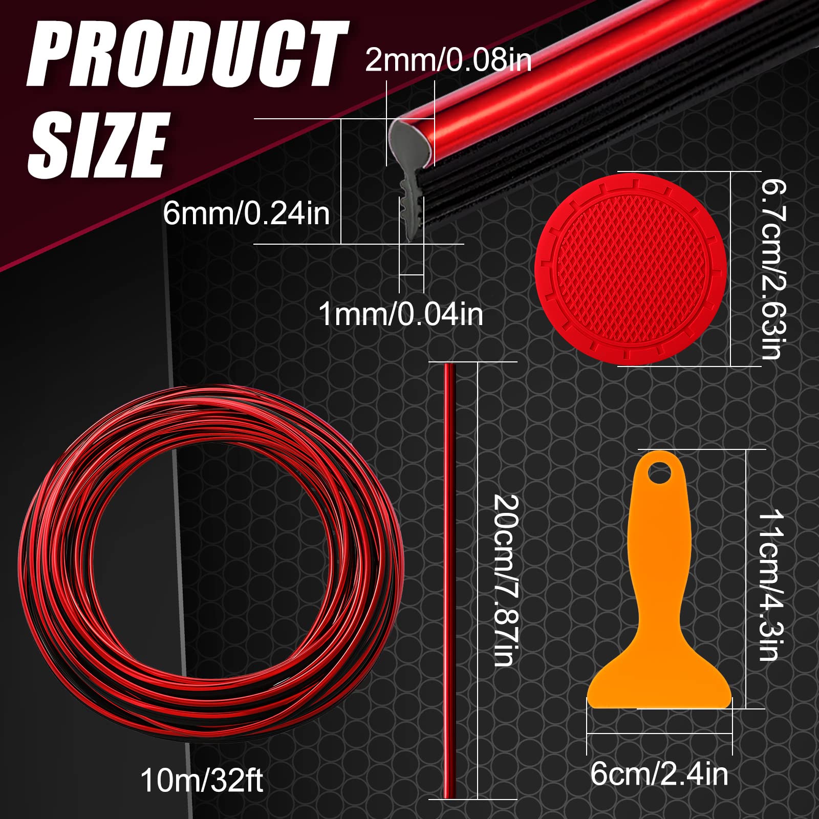 25 Pack Interior Car Accessories Kit - 32 Feet Car Moulding Trim, 20 Vent Trim Strips & 4 Cup Holder Inserts | Non-Slip Auto Decor with Scraper (Red) | Perfect for Car Interior Customization & Protection