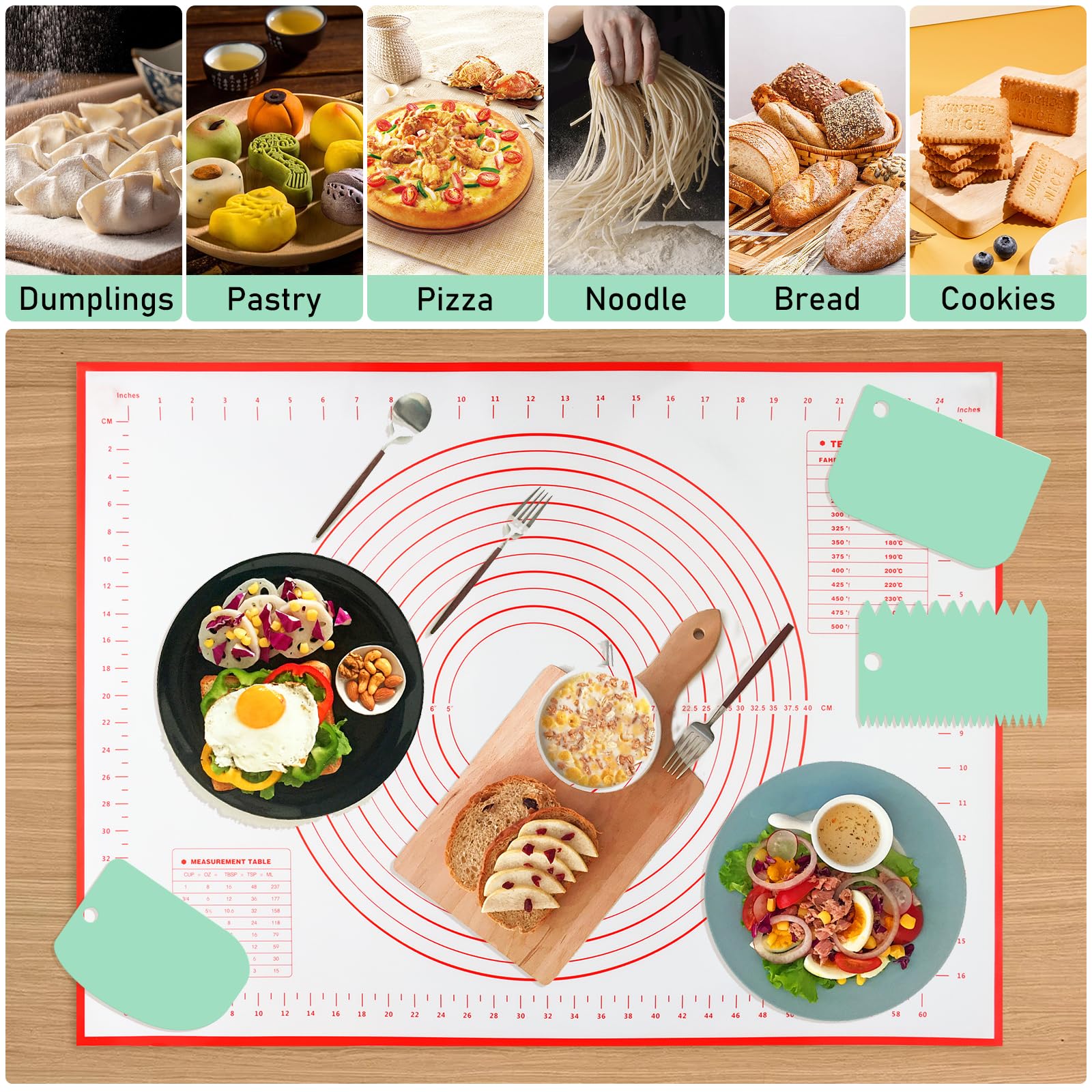 VFANDV 50x70cm Non-Slip Silicone Dough Rolling Mat - Reusable Kitchen Baking Mat for Cookies, Pizza, Pastry - Perfect for Home Baking & Cooking (Green)
