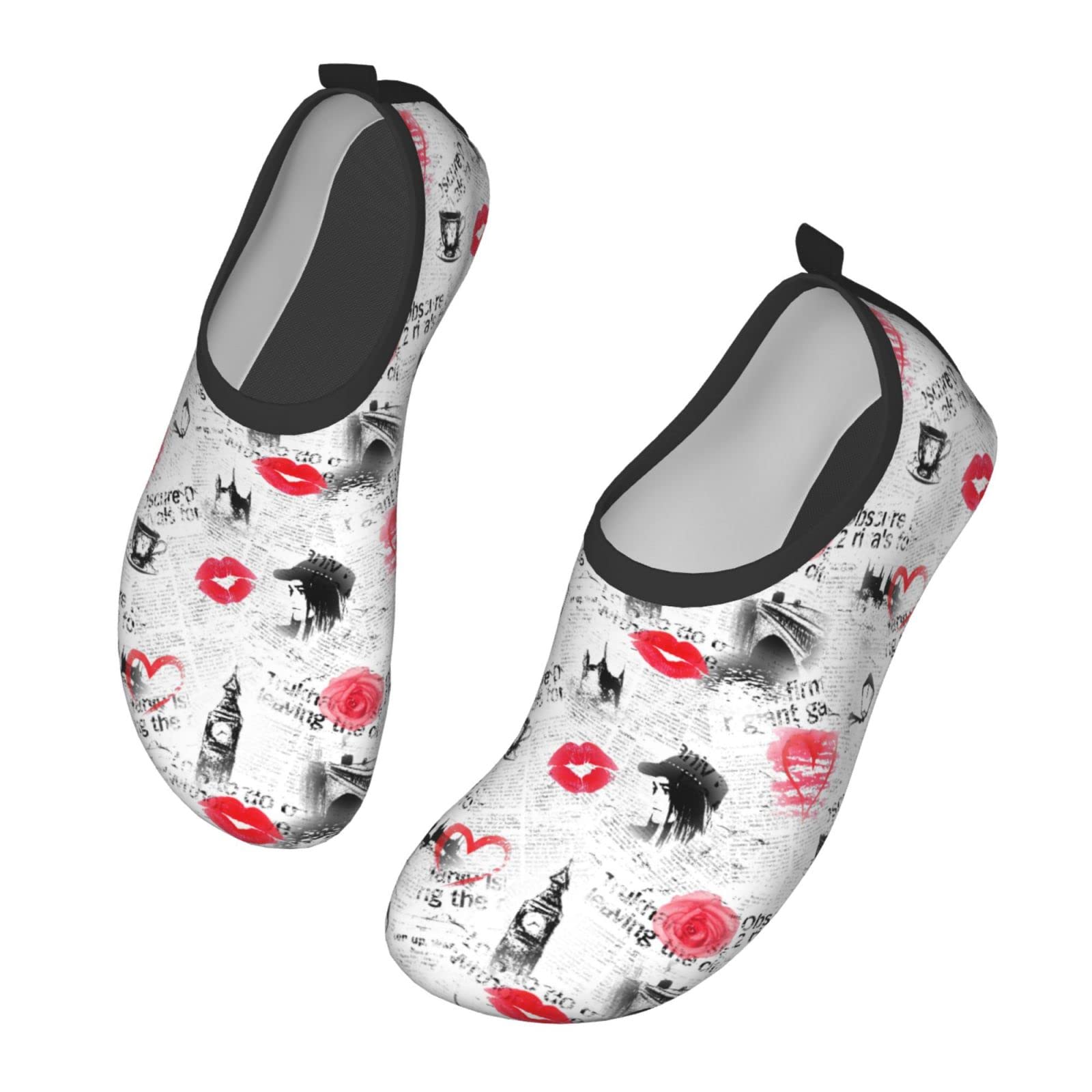 3D Print Heart Rose Lipstick Newspaper London Water Shoes for Women & Men - Barefoot Quick-Dry Non-Slip Water Socks for Beach, Pool, Yoga & Aqua Fitness