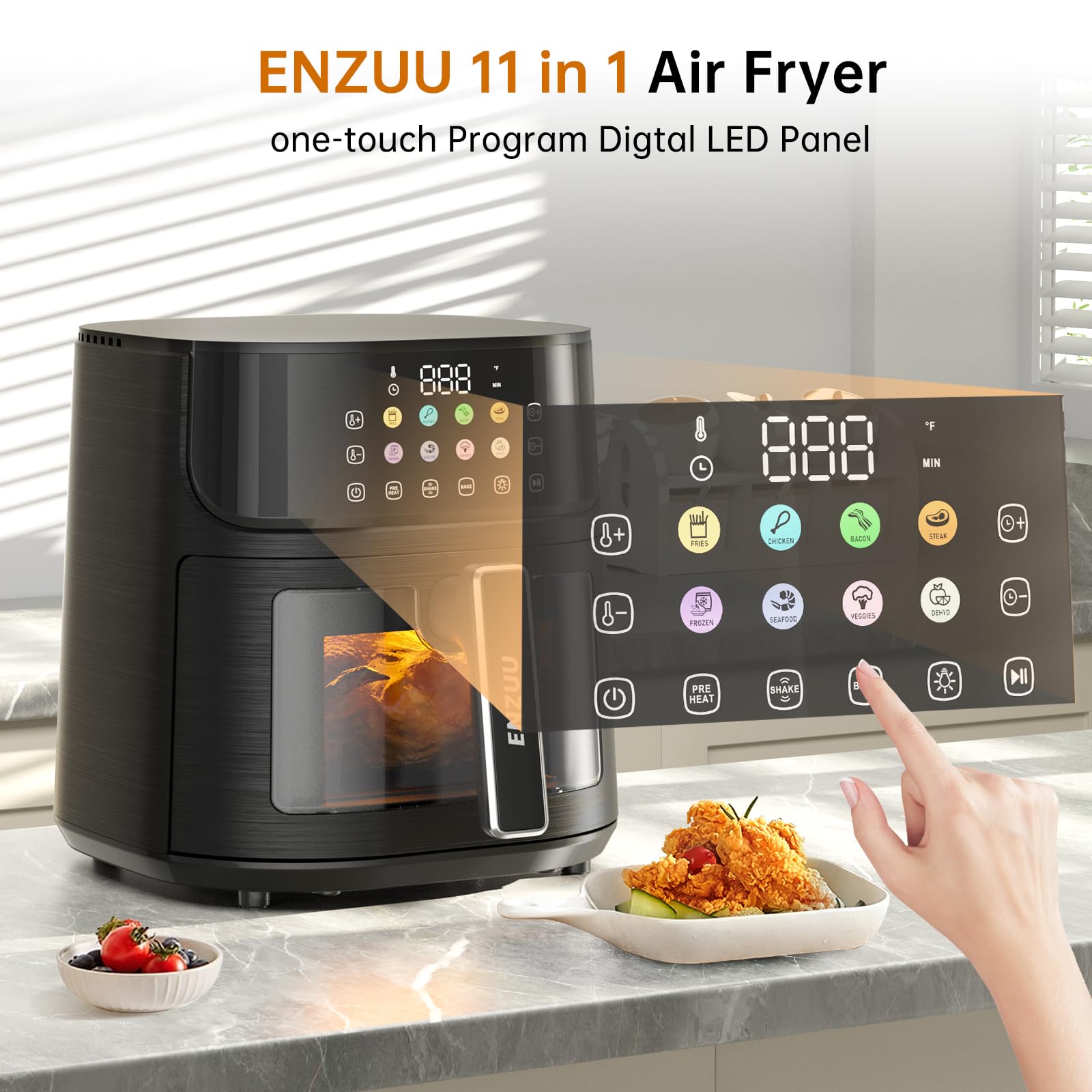 11-in-1 Large 5.8 QT Air Fryer with View Window - 450℉ Max Temperature for Crispy Food, 85% Less Oil - Fast Roast, Bake, Preheat & Shake Function - Non-Stick Basket for Easy Cleaning - Includes Recipe Book - Perfect for Family Dinners, Healthy Snacks & Quick Frozen Meals
