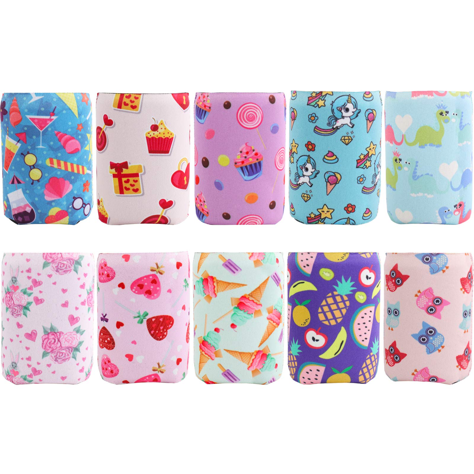 HaiMay 10-Pack Insulated Beer Can Cooler Sleeves - Reusable Drink Coolers for Cans & Bottles - Fun Cartoon Designs for Kids - Perfect for BBQs, Parties, and Outdoor Events