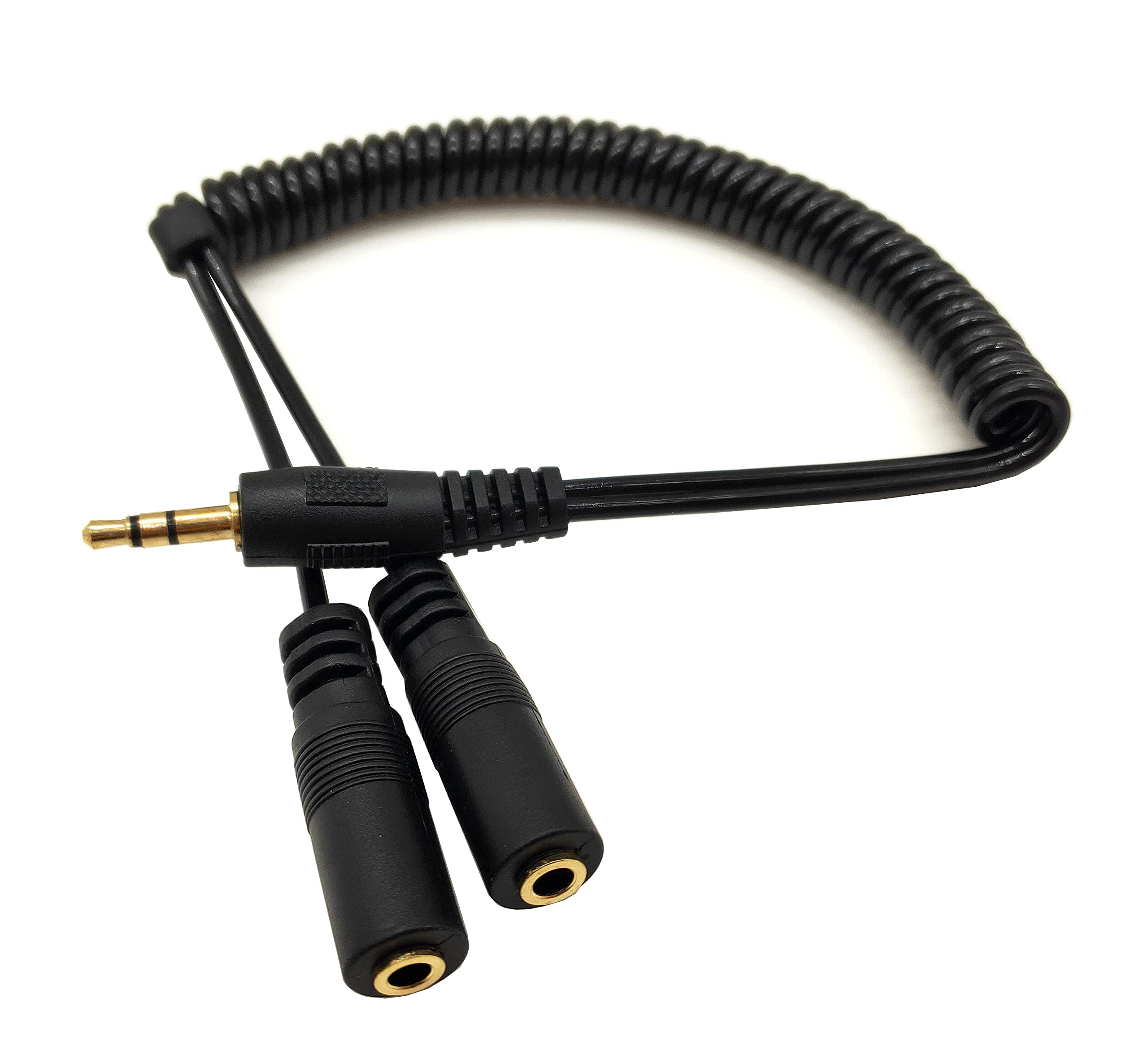 Qaoquda 3.5mm Stereo Y Splitter Cable - Coiled Audio Extension Cord with 1 Male to 2 Female Connectors for Headphones, Speakers, Home & Car Audio Systems - Perfect for Sharing Music, Gaming Headsets, and Multi-Device Audio Setups
