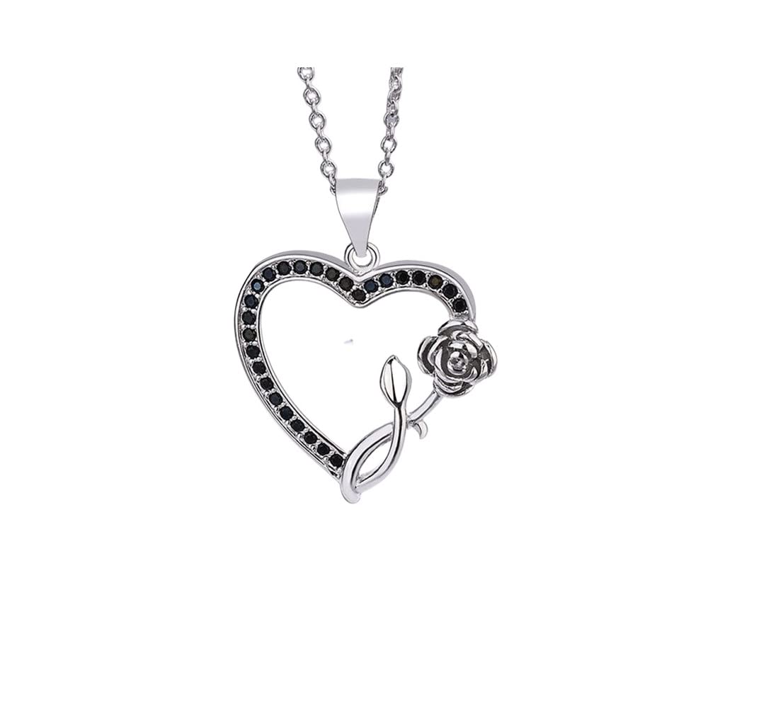 Sparkling Black Crystal Heart Necklace with Single Rose - Elegant Valentine's Gift for Her, Anniversary Jewelry, Romantic Date Night Accessory