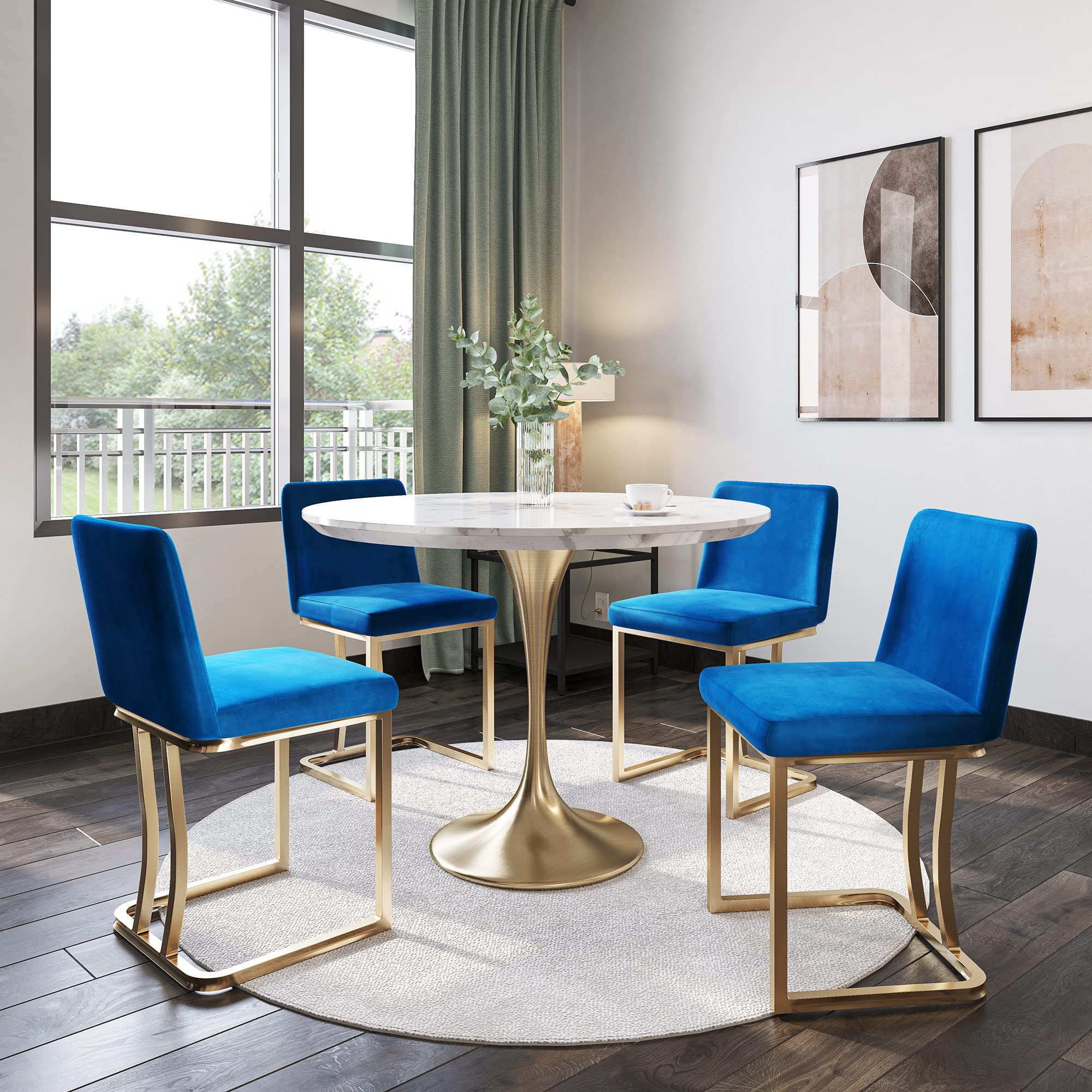 BELLEZE Modern Velvet Dining Chair - Vintage Inspired Upholstered Armless Seat with Gold Metal Frame for Kitchen, Living Room, Bedroom or Vanity [Set of 1] - Hutton (Blue) | Stylish Home Decor & Comfortable Seating Solution for Dining, Entertaining or Relaxing
