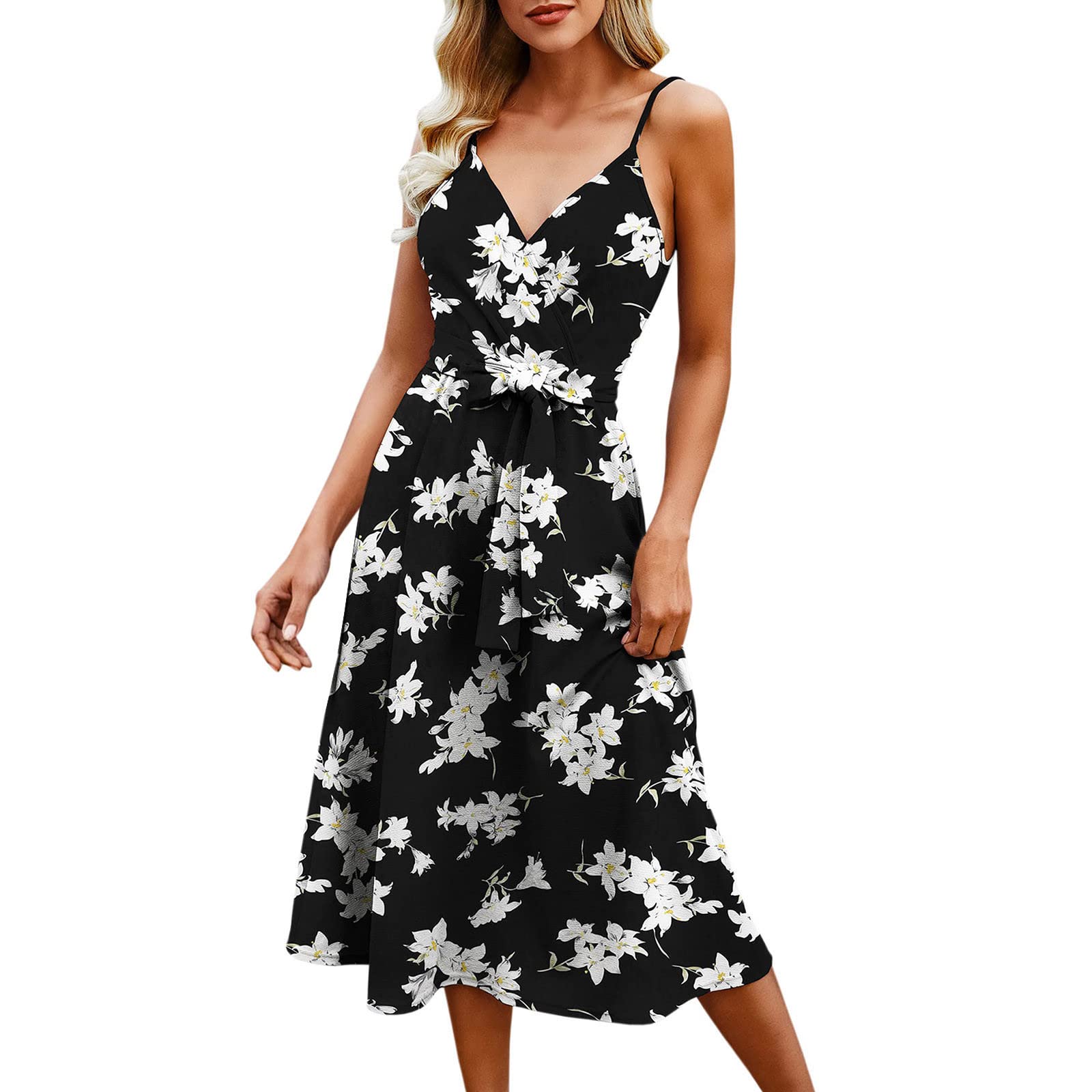 Women's Summer Wrap Dress - V Neck Sleeveless Boho Floral Strap A-Line Flowy Dress for Beach, Office, Party & Casual Wear | Lightweight Comfortable Vacation Outfit