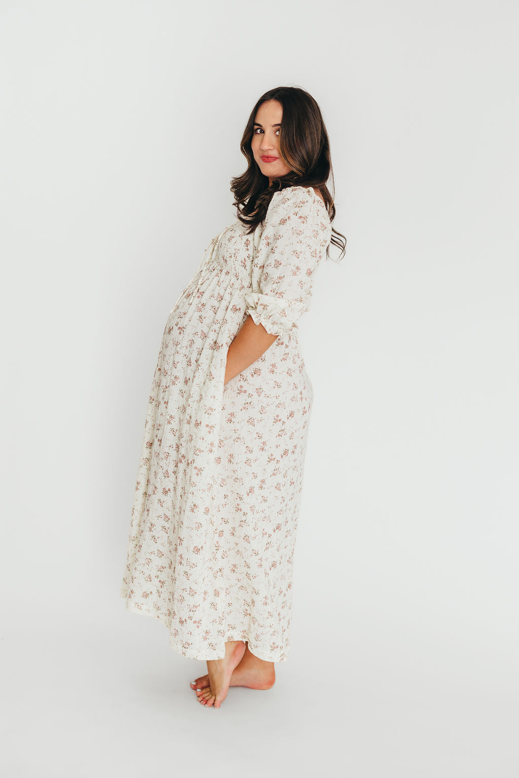 100% Cotton Smocked Maxi Dress for Women - Ivory/Mauve Floral Print | Bump Friendly Maternity Dress | Perfect for Summer, Beach Vacations & Special Occasions