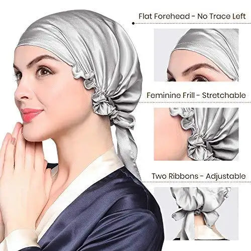 Luxury Silk Sleep Cap with Adjustable Ribbons for Women - Soft & Breathable Night Hair Cover for Sleeping, Travel & Spa
