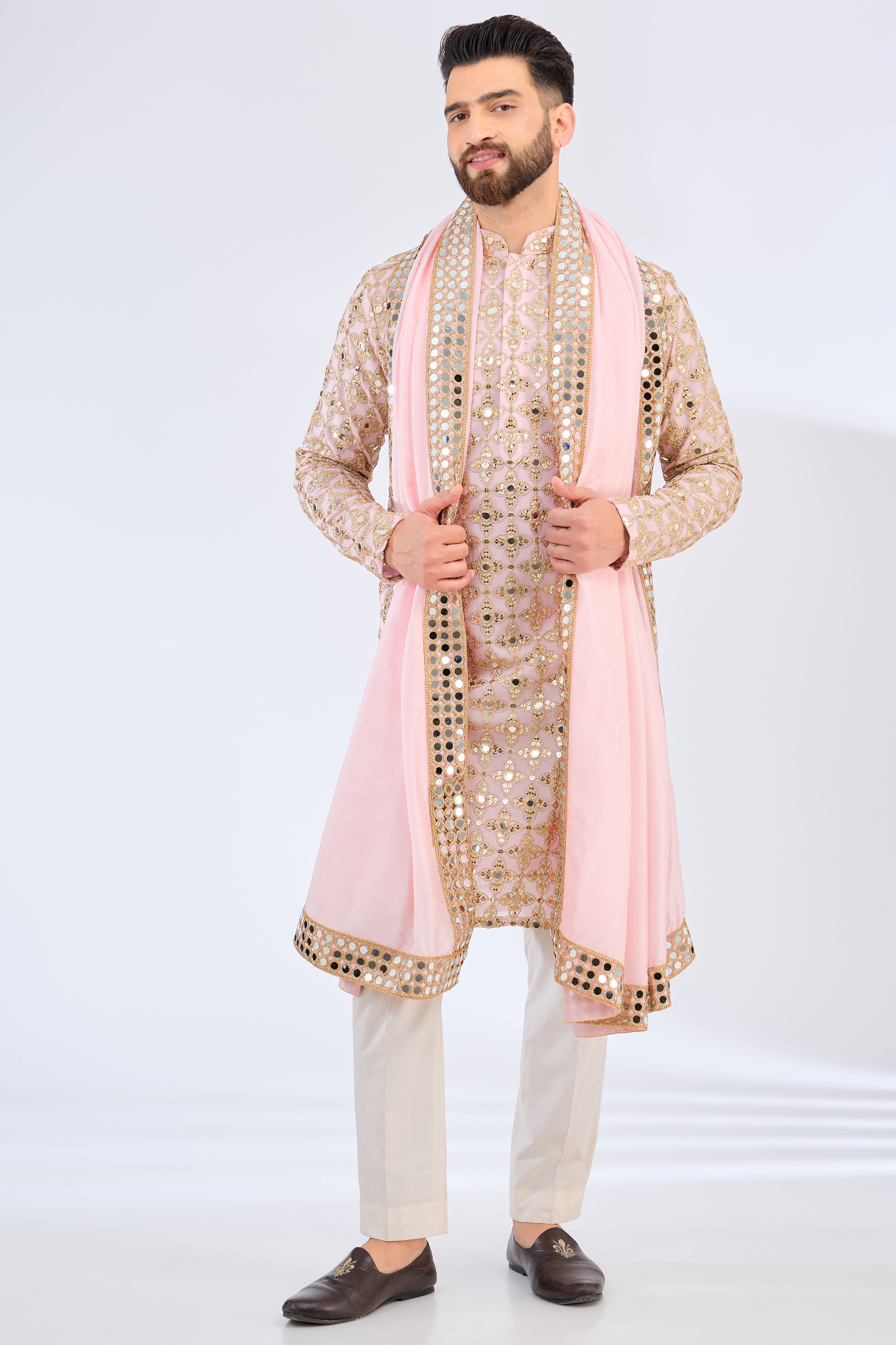 Elegant Pink Mirror Work Kurta with Zari Embroidery & Matching Mirror Work Stole - Perfect for Festivals, Weddings & Ethnic Parties