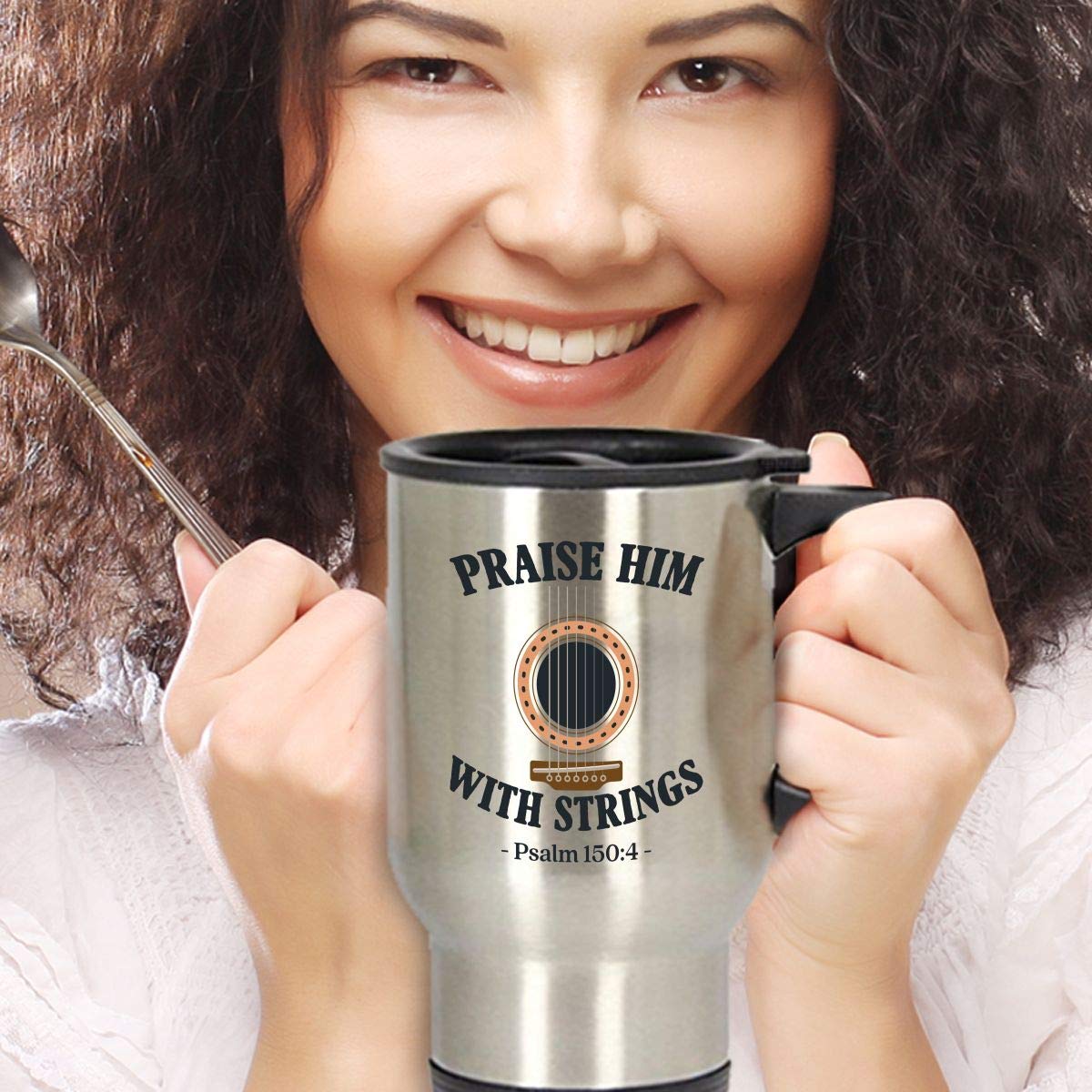 Christian Guitar Lover Travel Mug - 14oz Insulated Coffee & Tea Cup with Lid - Perfect for Worship Music Practice, Church, Bible Study & Outdoor Activities
