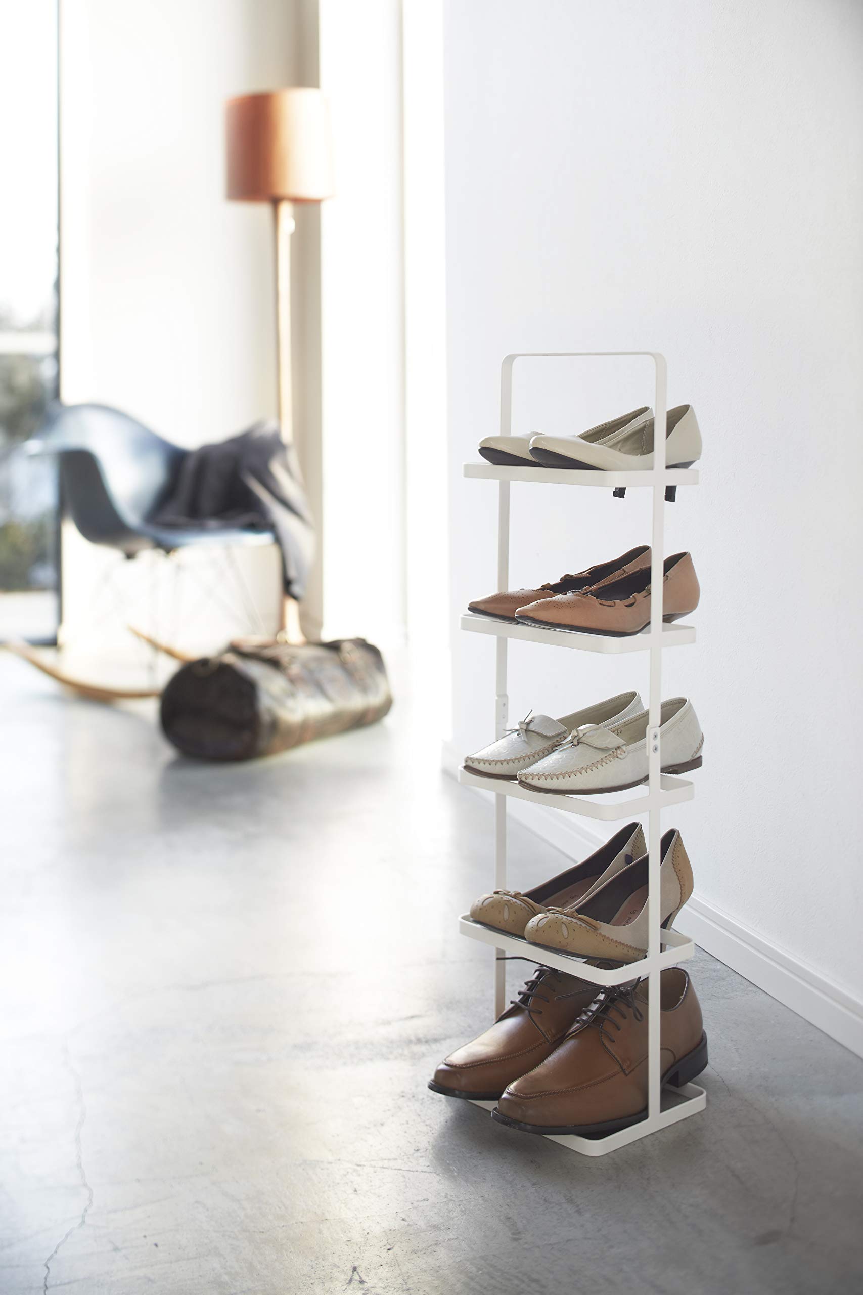 YAMAZAKI Home Tall White Shoe Rack & Leaning Ladder Rack - Space Saving Entryway Organizer for Small Spaces, Hallway, Apartment Storage (Model 2812)