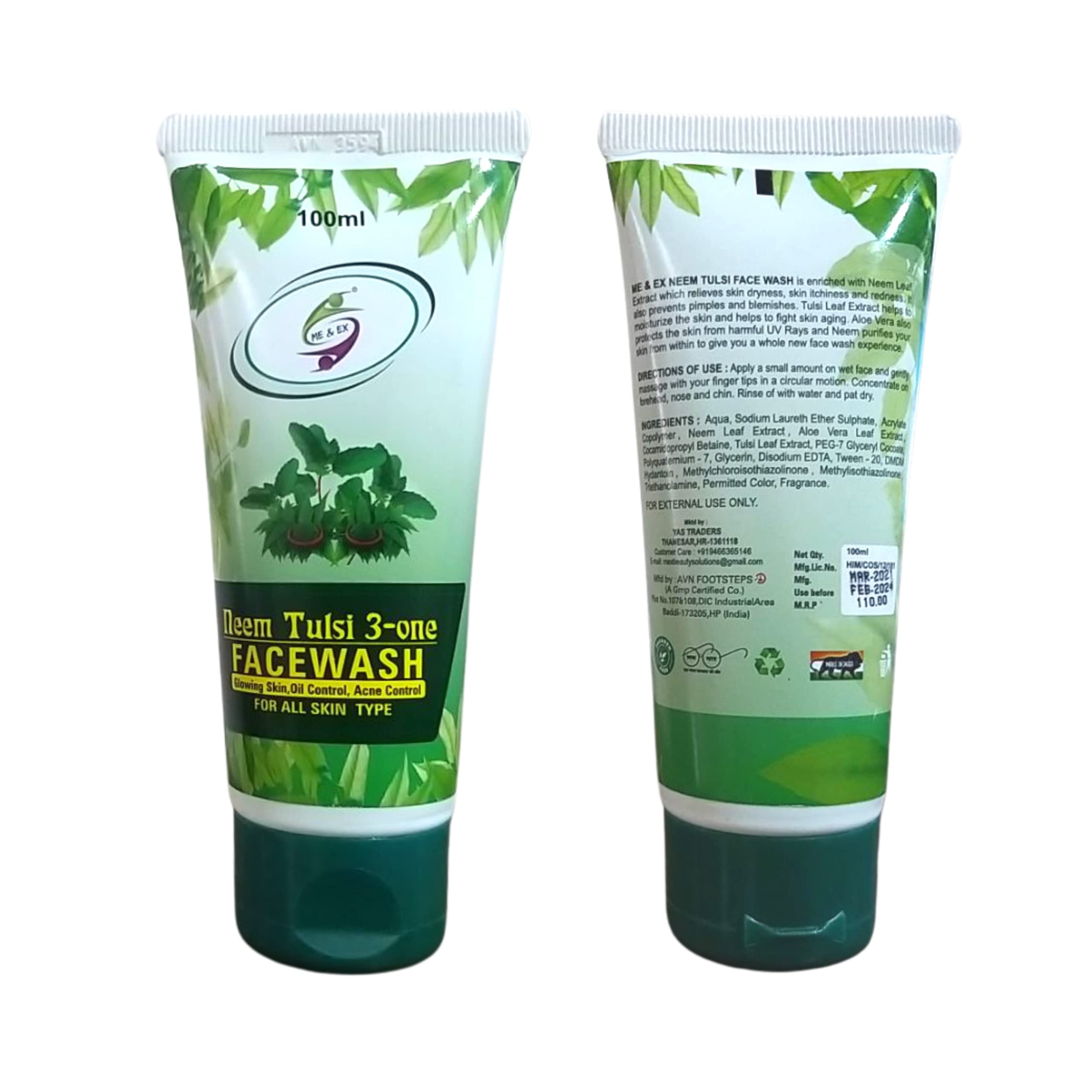 Me & Ex Neem Tulsi 3-in-1 Anti-Aging Face Wash for Glowing Skin | Oil Control & Acne Treatment | 100ml (Pack of 2) | Daily Cleanser for Oily & Acne-Prone Skin | Morning & Night Skincare Routine