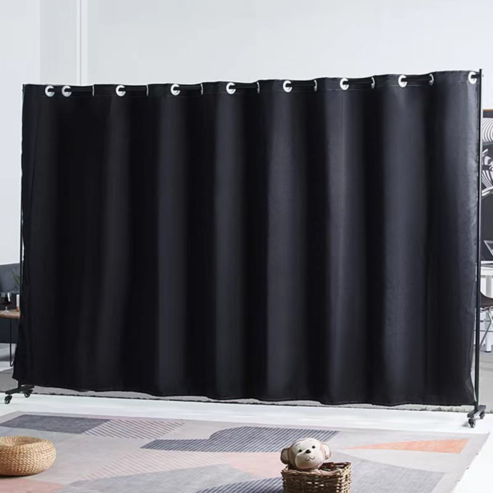Madamera 7ft x 10ft Adjustable Room Divider with Blackout Curtain - Black Metal Frame, 4 Rolling Wheels for Easy Mobility - Expandable Privacy Screen for Office, Bedroom, Kitchen - Perfect for Creating Temporary Spaces in Homes, Studios & Workplaces