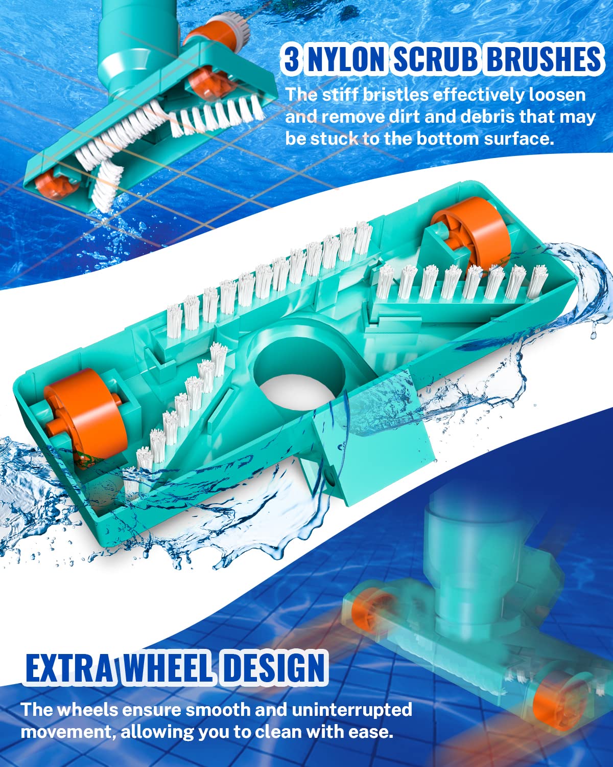 Portable Above Ground Pool Vacuum Cleaner with 3 Scrub Brushes, Mesh Bag & 47