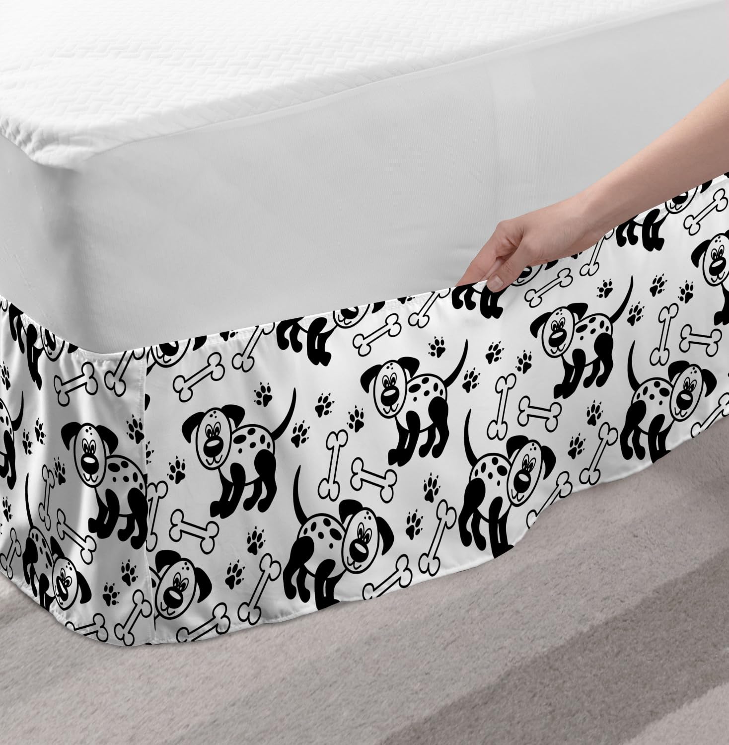 Ambesonne Elastic Bed Skirt with Monochrome Puppy Paws Design - King Size Dust Ruffle for Bedroom Decor, Charcoal Grey & White - Perfect for Modern Home Styling and Pet Lovers