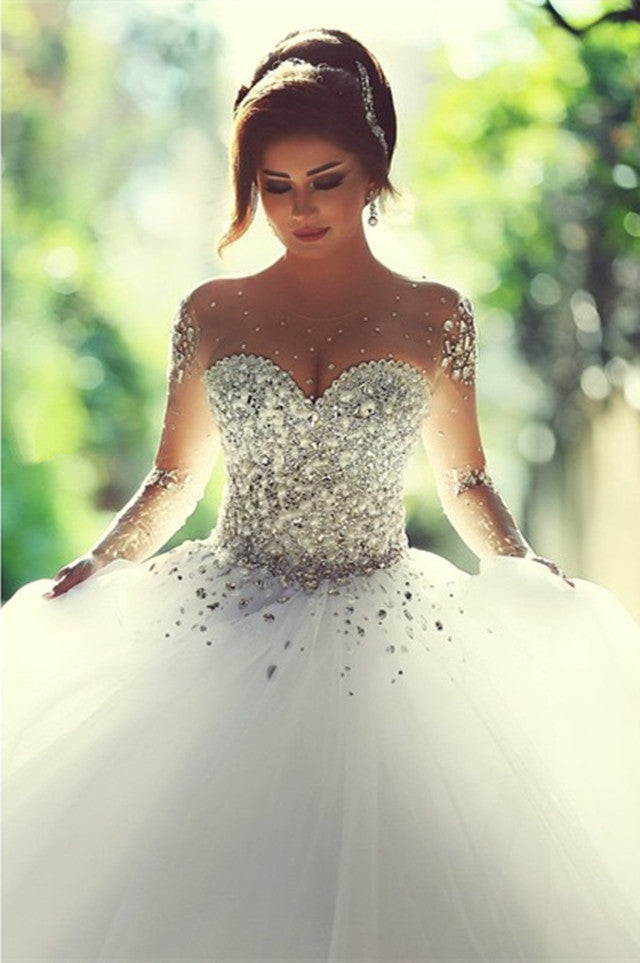 Elegant Crystal Pearl Beaded Organza Ball Gown Wedding Dress with Sheer Long Sleeves - Perfect for Bridal, Prom, Evening Gala & Formal Events