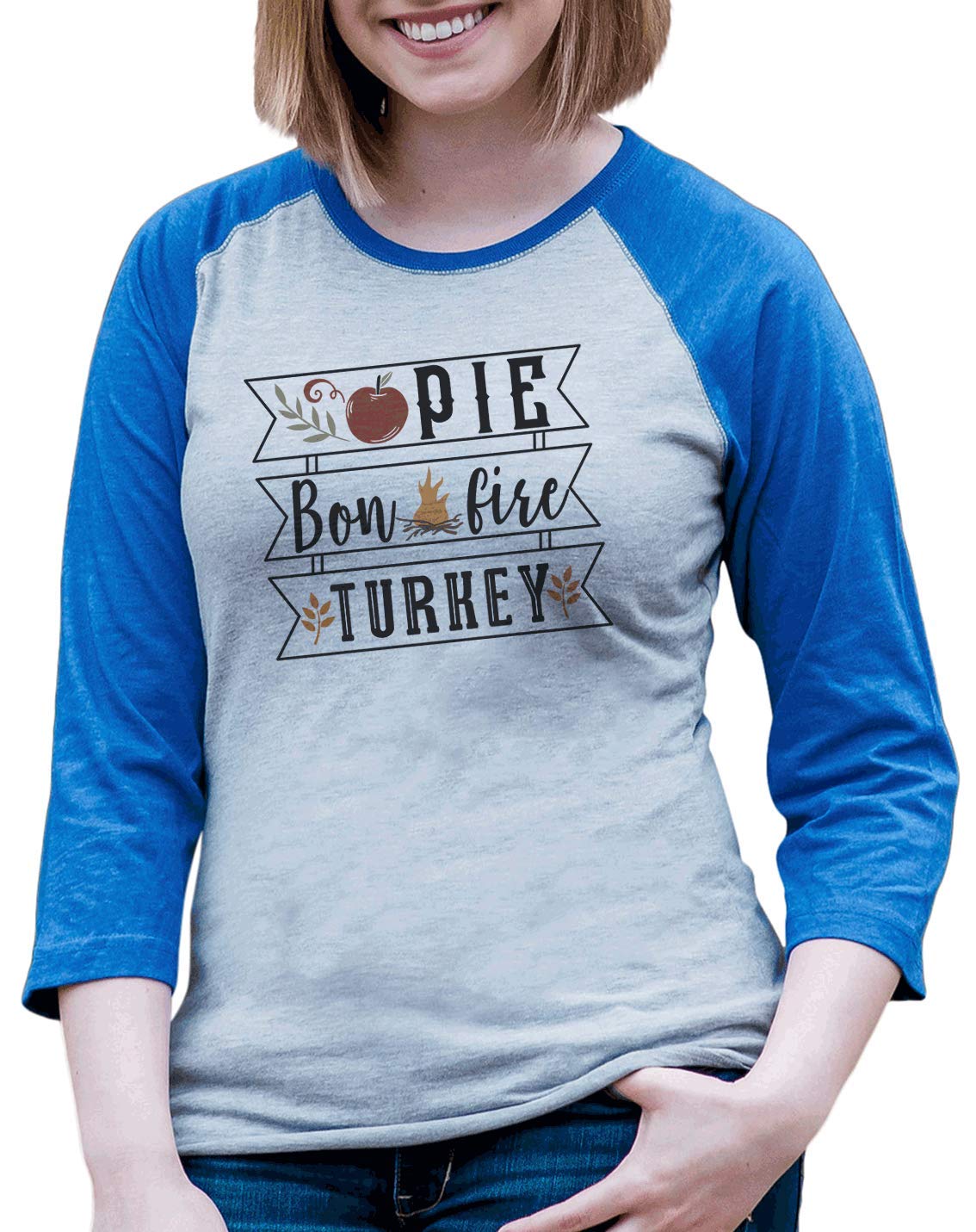 7 ate 9 Apparel Women's Thanksgiving Shirt - Cute Turkey & Pie Graphic Tee for Fall, Bonfire Parties and Family Gatherings