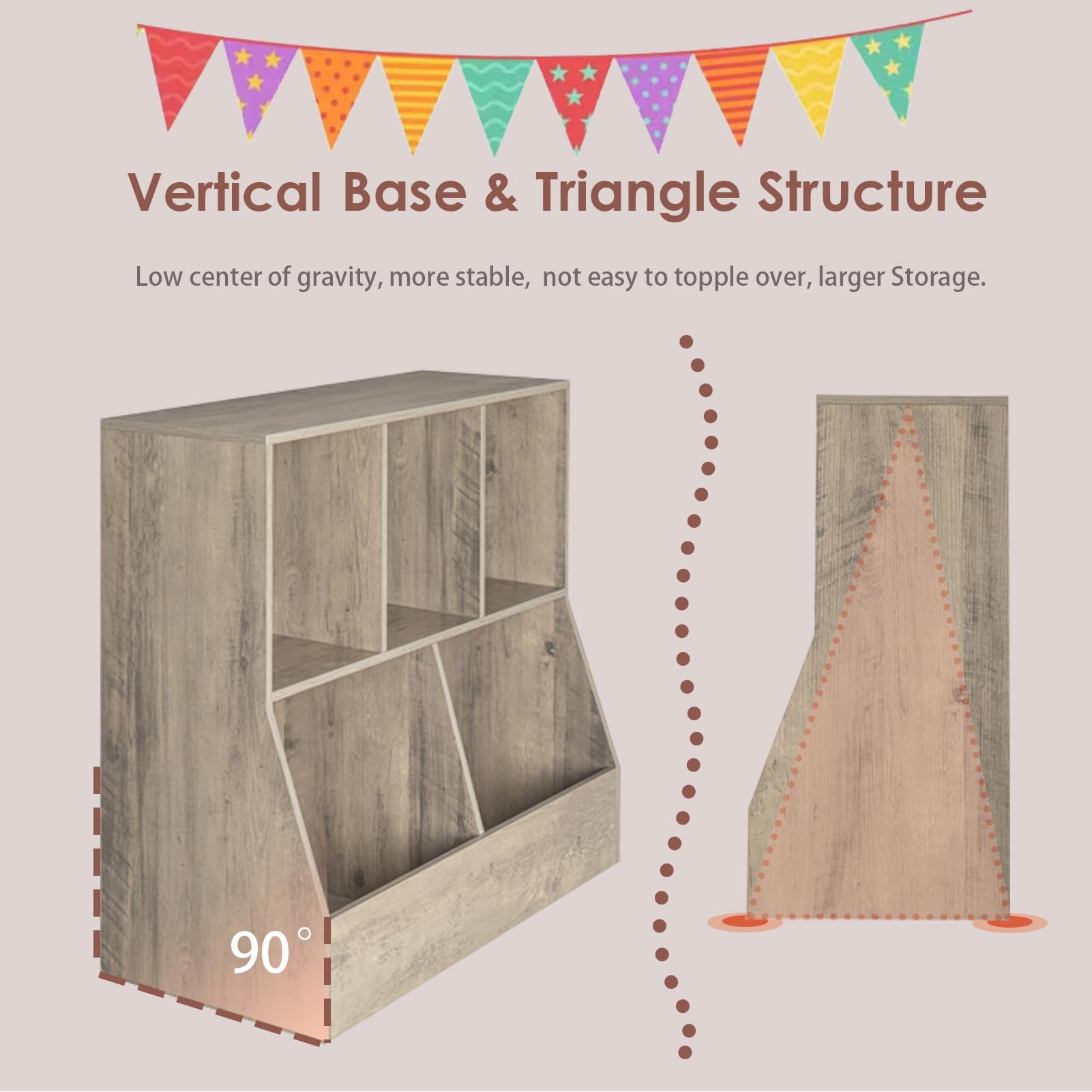 DINZI LVJ 5-Cubby Wooden Toy Storage Organizer & Kids Bookshelf - Greige, 35.4