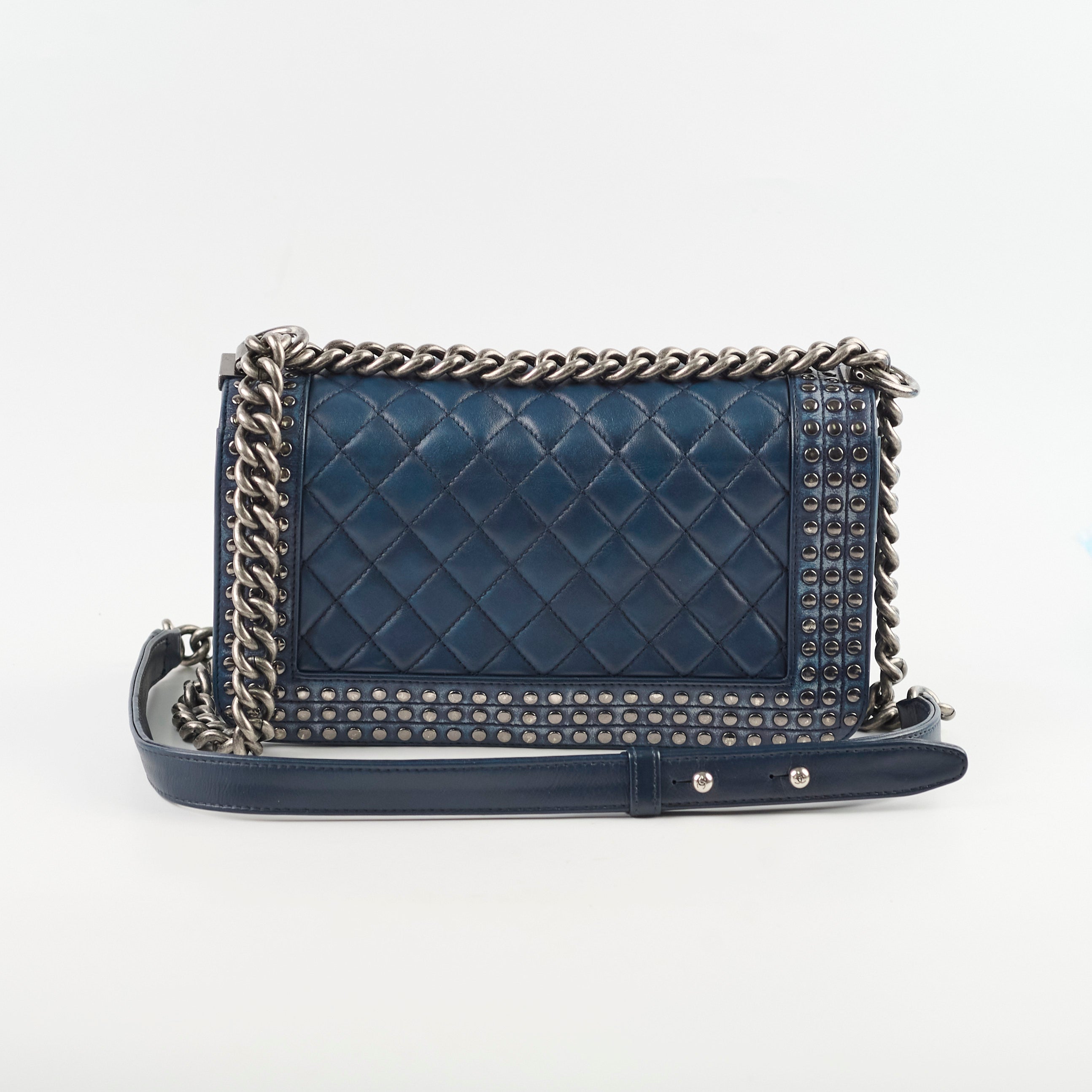 Chanel Old Medium Boy Bag in Navy with Studded Details - Luxury Crossbody Bag for Women, Perfect for Parties & Evening Events