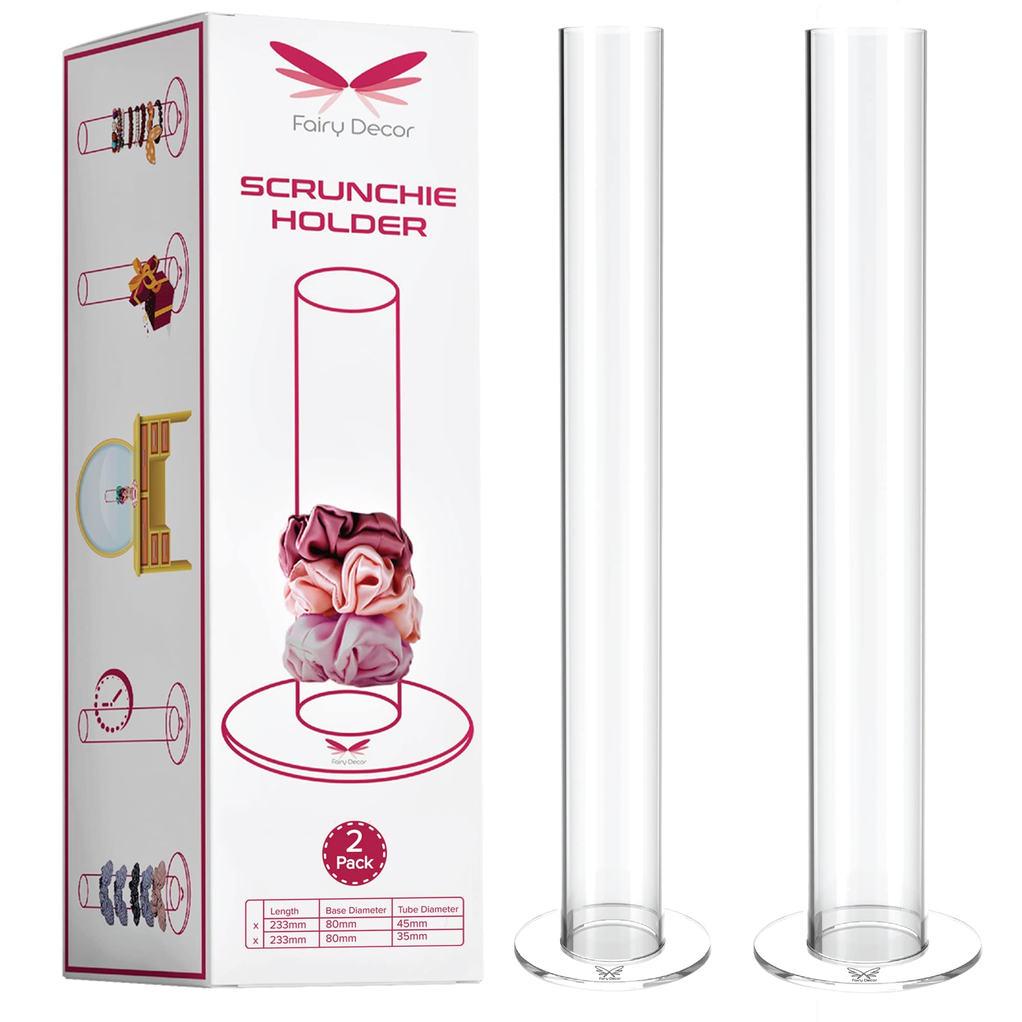 Acrylic Scrunchie Holder - 9 Inch Clear Hair Accessories Organizer for VSCO Girls & Teens - Pack of 2 | Perfect for Bedroom Decor, Gift Ideas & Hair Tie Storage