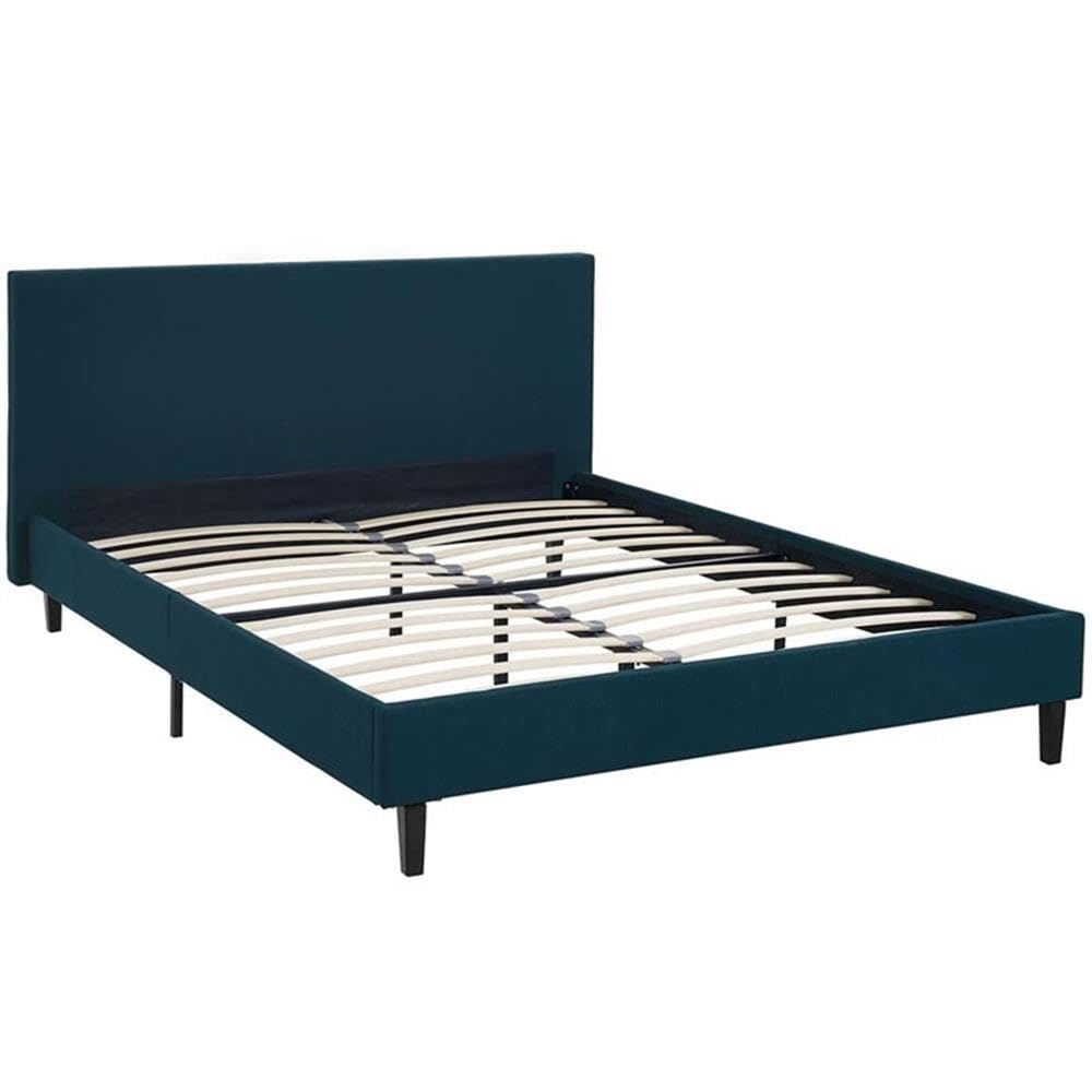 Hawthorne Collections Queen Size Platform Bed with Fabric Upholstery in Azure Blue - Perfect for Modern Bedrooms, Guest Rooms & Small Spaces