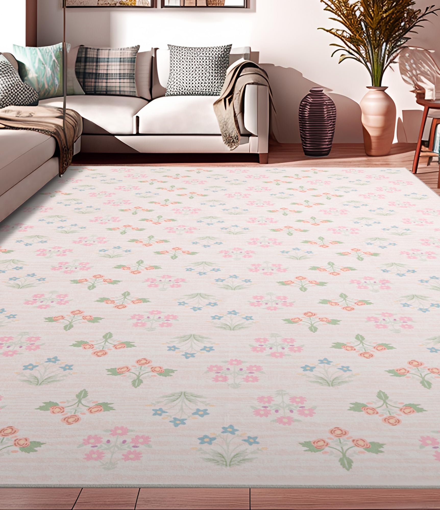 YIHOUSE Pink Floral Washable Area Rug 8'x10' - Ultra-Thin Non-Slip Living Room Rug for Bedroom, Nursery, Kids Room | Soft & Colorful Home Decor | Perfect for Cozy Spaces, Play Areas & Dorm Rooms (Pink, 8x10ft)