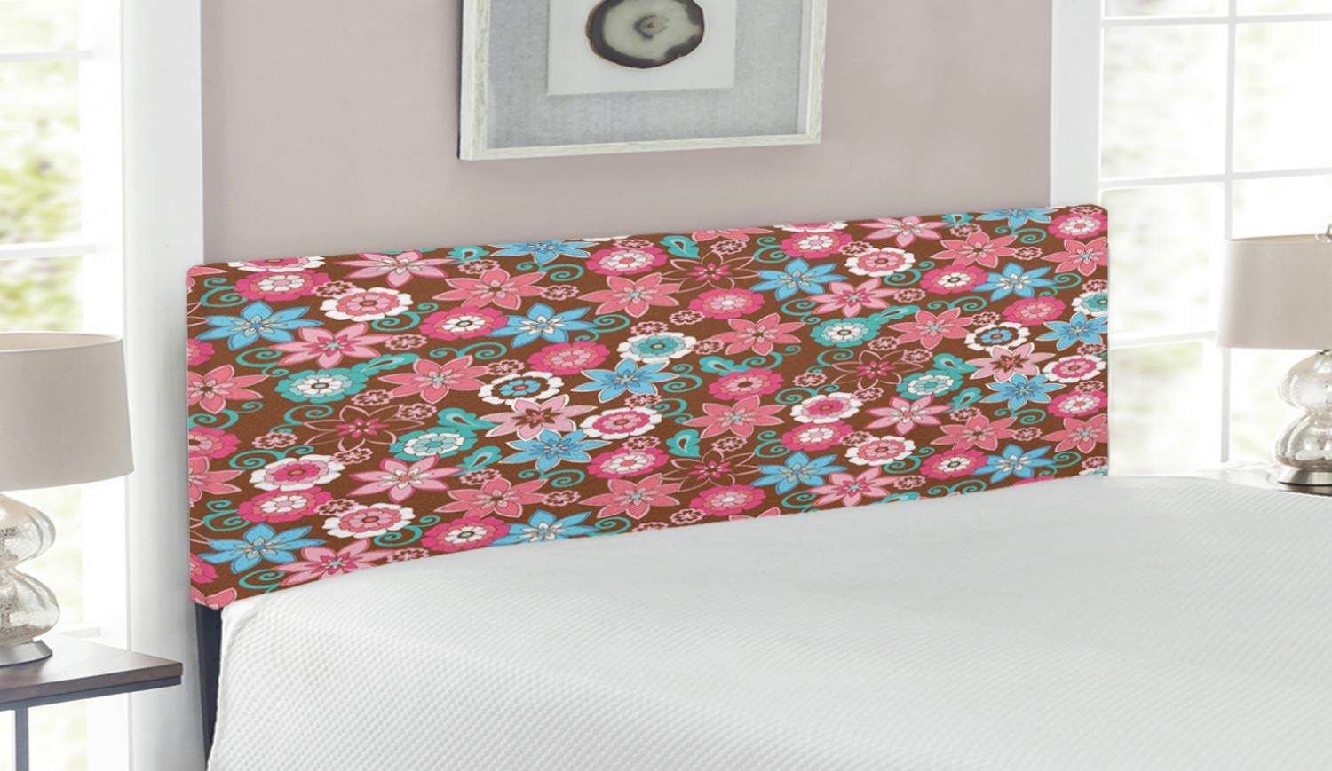 Ambesonne Floral Upholstered Headboard - Vibrant Flower Petals Design, Queen Size Decorative Metal Bed Headboard with Memory Foam in Pink, Brown & Teal | Perfect for Bohemian & Shabby Chic Bedroom Decor