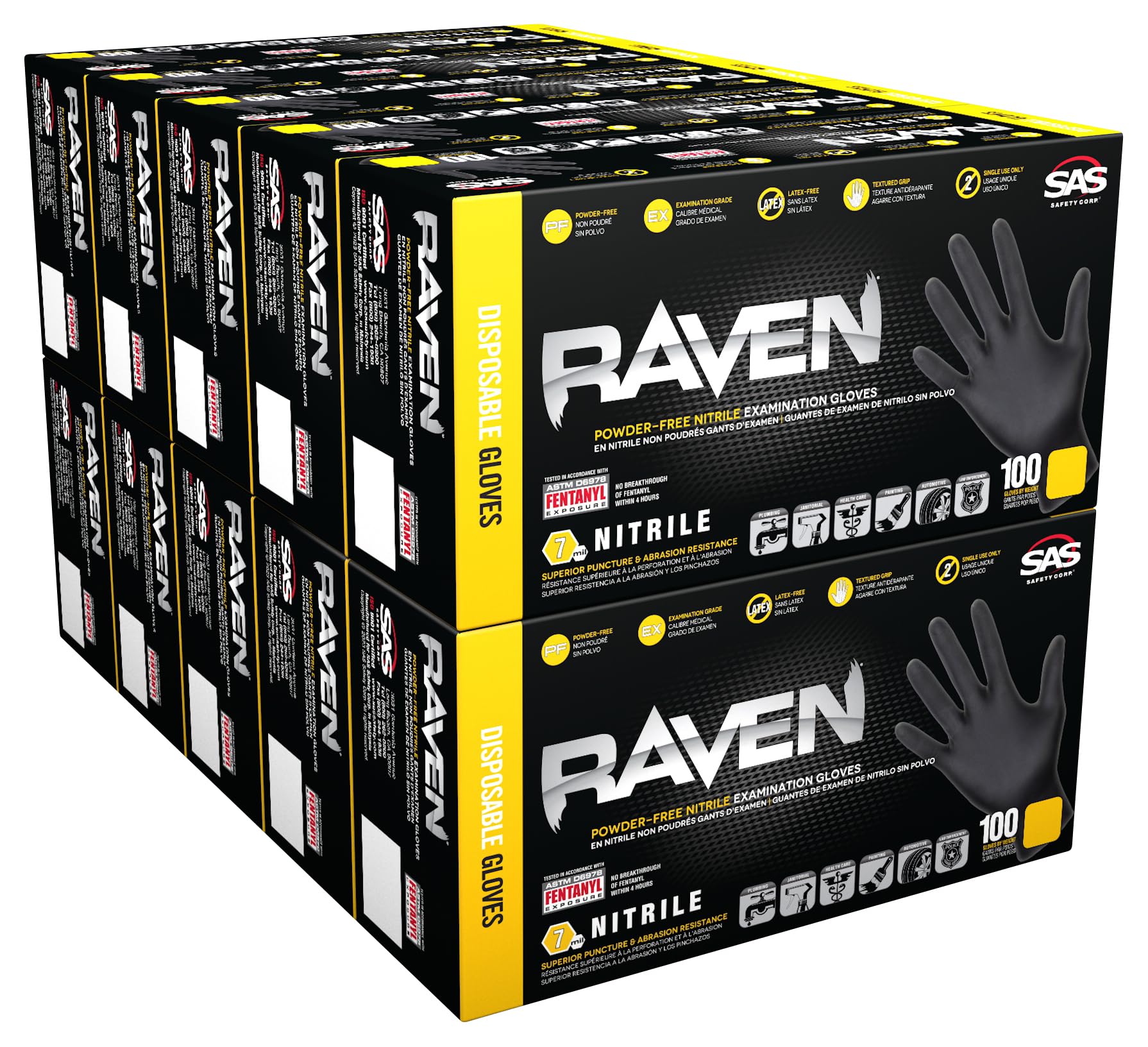 10 Pack SAS Safety 66519 Raven 6 mil Black Nitrile Disposable Gloves - X-Large (100 Gloves per Box) | Heavy-Duty Chemical Resistant Gloves for Medical, Laboratory, Tattoo & Automotive Work