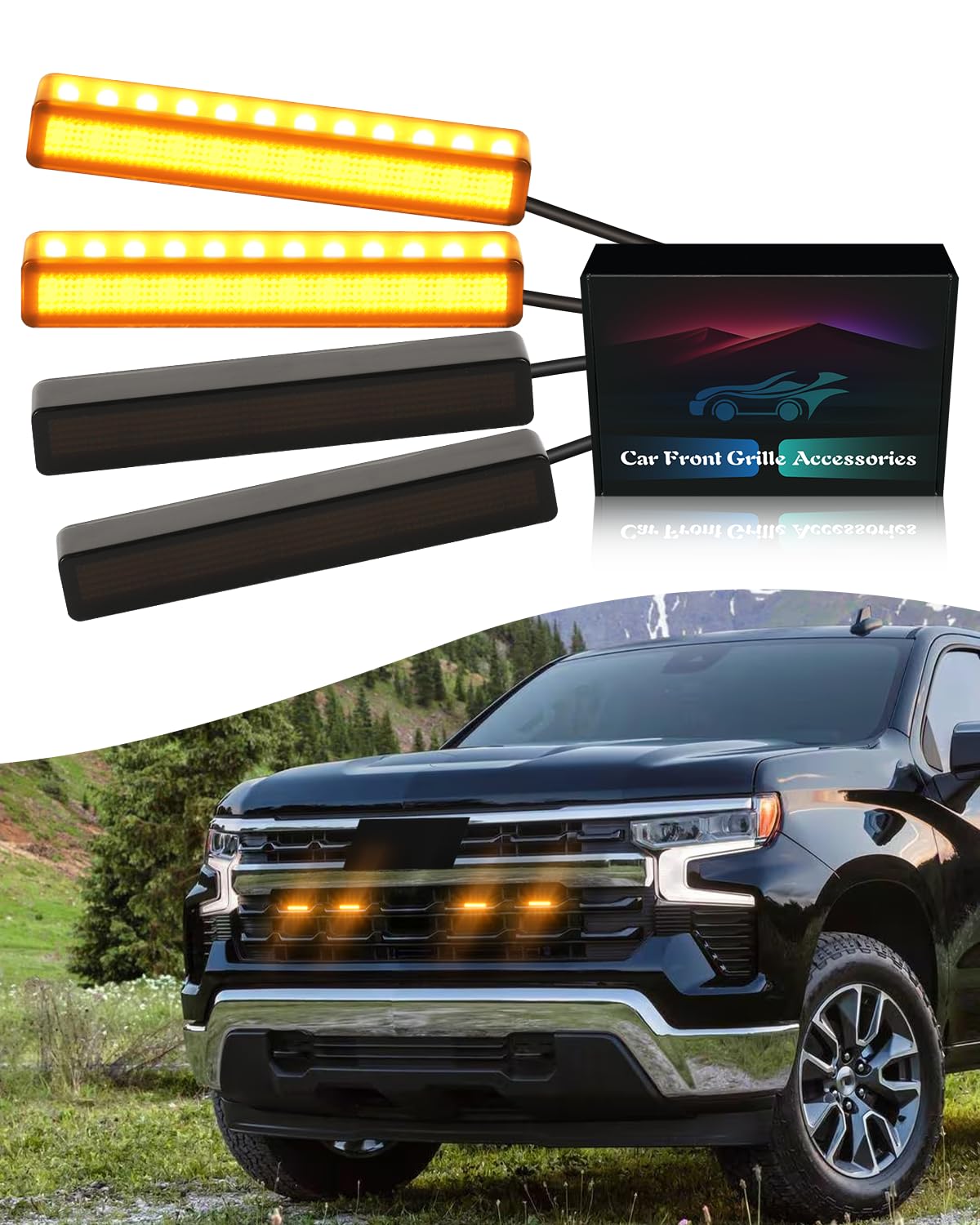 LED Amber Grill Lights for 2019-2025 Chevrolet Silverado 1500/2500/3500 - Durable Front Grille Trims & Accessories - Perfect for Off-Roading & Night Driving