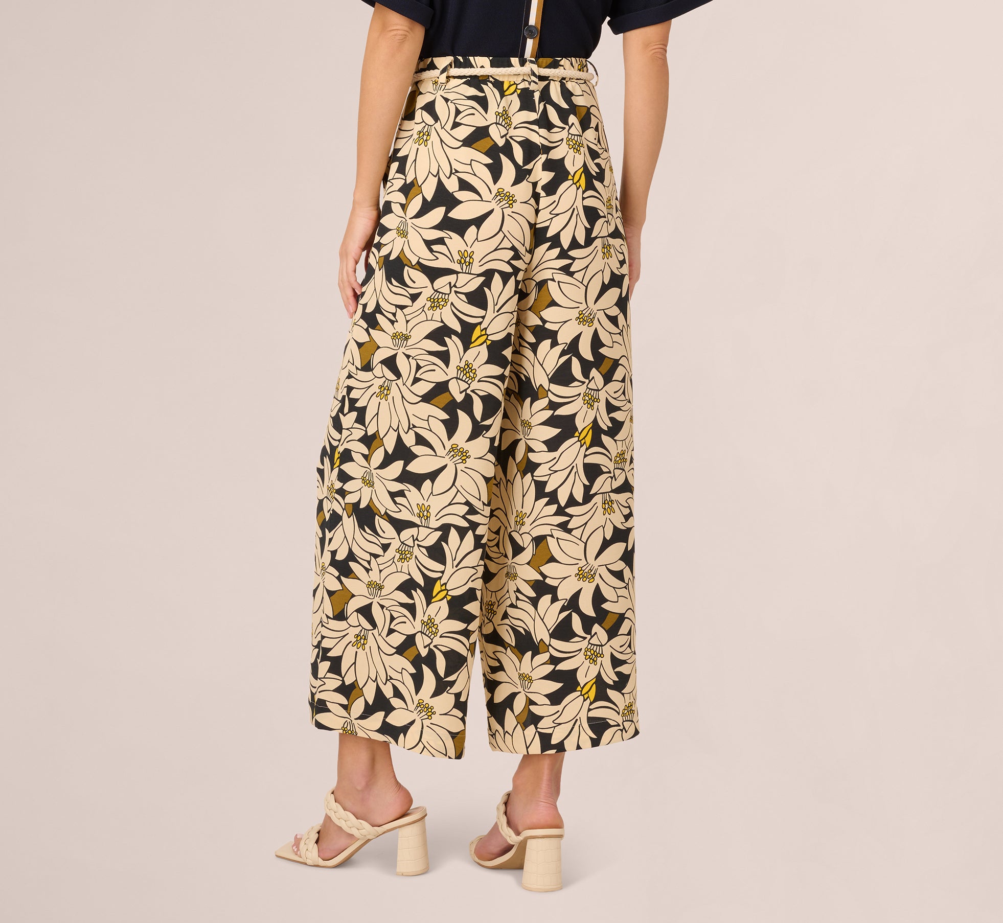 Floral Print Wide Leg Pants with Rope Belt - Black Olive Lily | Boho Chic Women's Trousers for Casual Outings & Summer Vacations