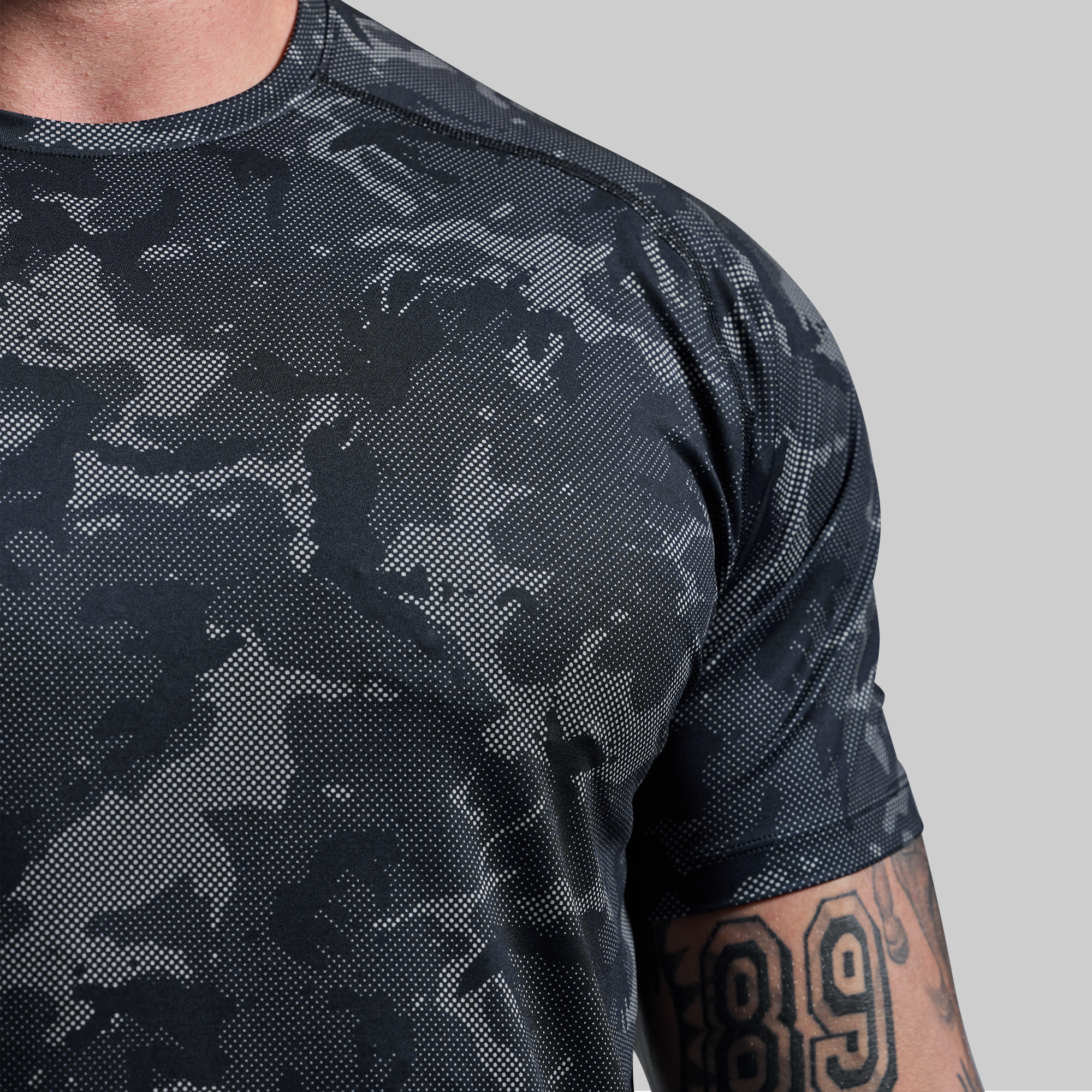 Breathable Training Tee - Halftone Muted Woodland Print Workout Shirt for Men | Gym, Running & Outdoor Activities