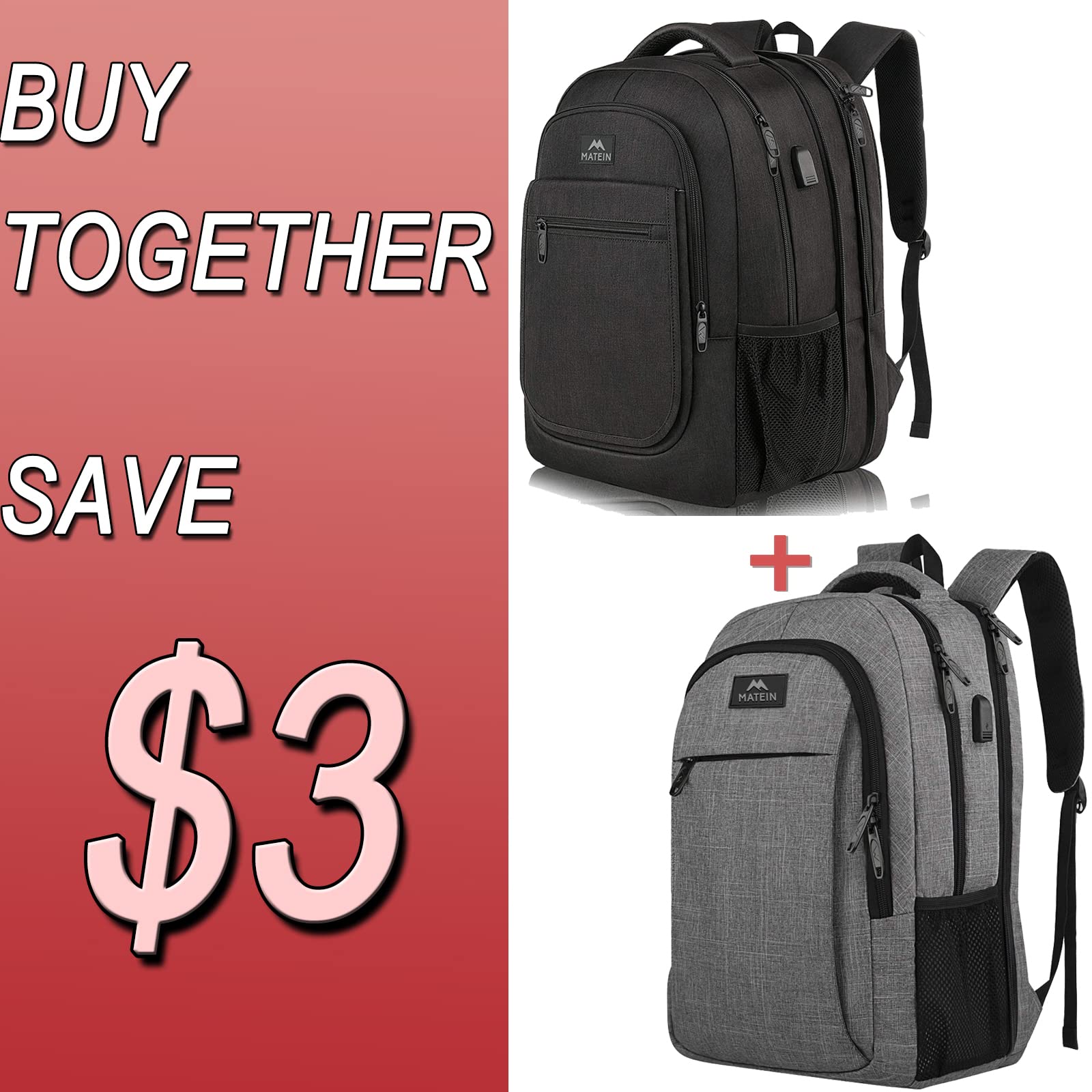 Matein 17 Inch School Backpack & 15.6 Inch Travel Laptop Backpack Bundle with USB Charging Port | Anti-Theft Water Resistant College High School Backpack for Men & Women | Perfect for Daily Commute, Business Travel & Student Life