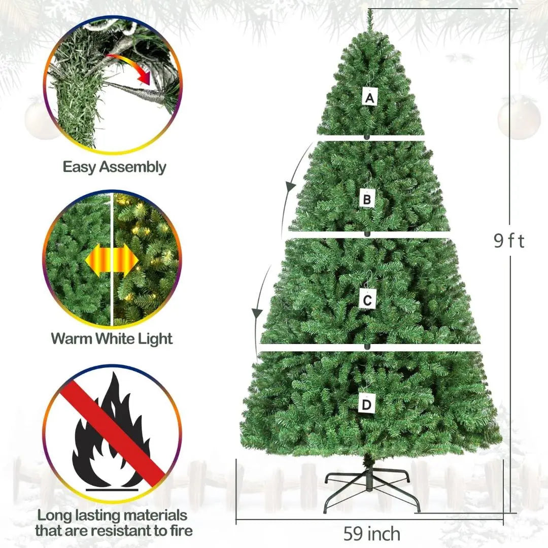 6.5'/7.5'/9' Pre-Lit Artificial Christmas Tree with Warm White LED Lights, Metal Stand & Hinged Branches - Perfect for Home, Office & Holiday Decorations