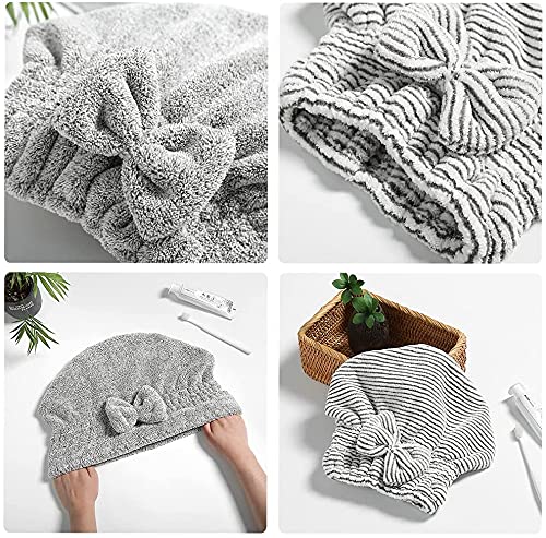 Microfiber Hair Towel Wrap for Women & Girls - Ultra Soft, Super Absorbent & Quick Drying Hair Turban Cap Set (2 Pack, Stripe & Gray) - Perfect for Curly, Thick Hair After Shower, Swimming or Salon Styling