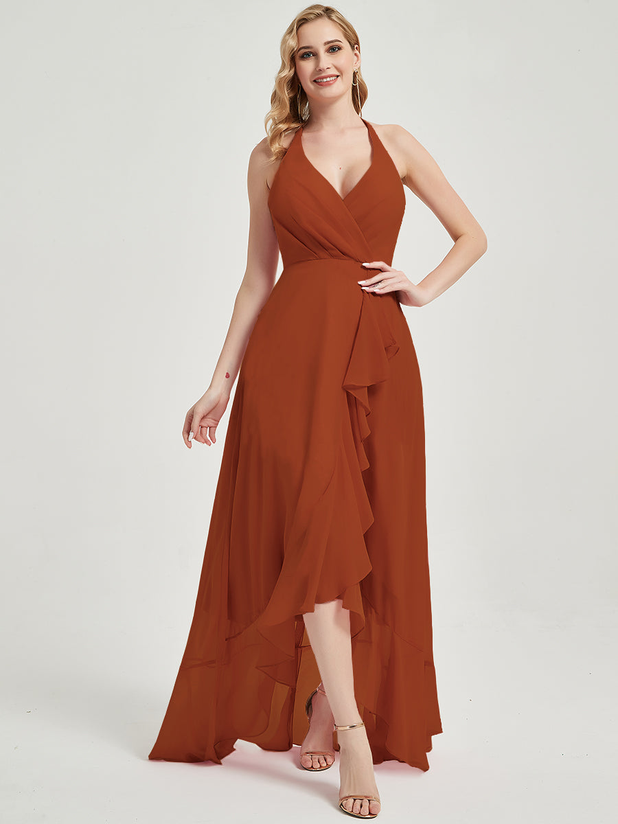 Elegant Burnt Orange Chiffon Halter V-Neck Backless High-Low Bridesmaid Dress - Perfect for Weddings, Parties & Special Occasions