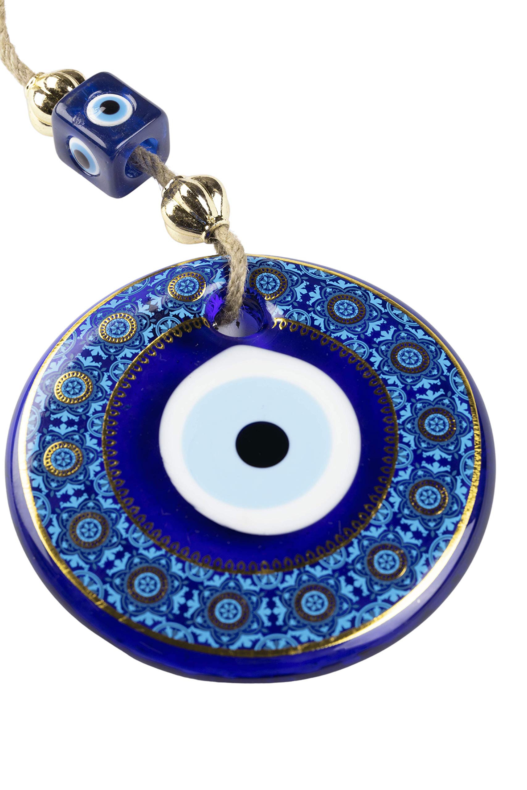 Evil Eye Wall Decor - 5.11 Inch Turquoise & Gold Frame Hanging Home Protection Ornament for Living Room, Bedroom & Office | Nevfactory Handmade Spiritual Decor