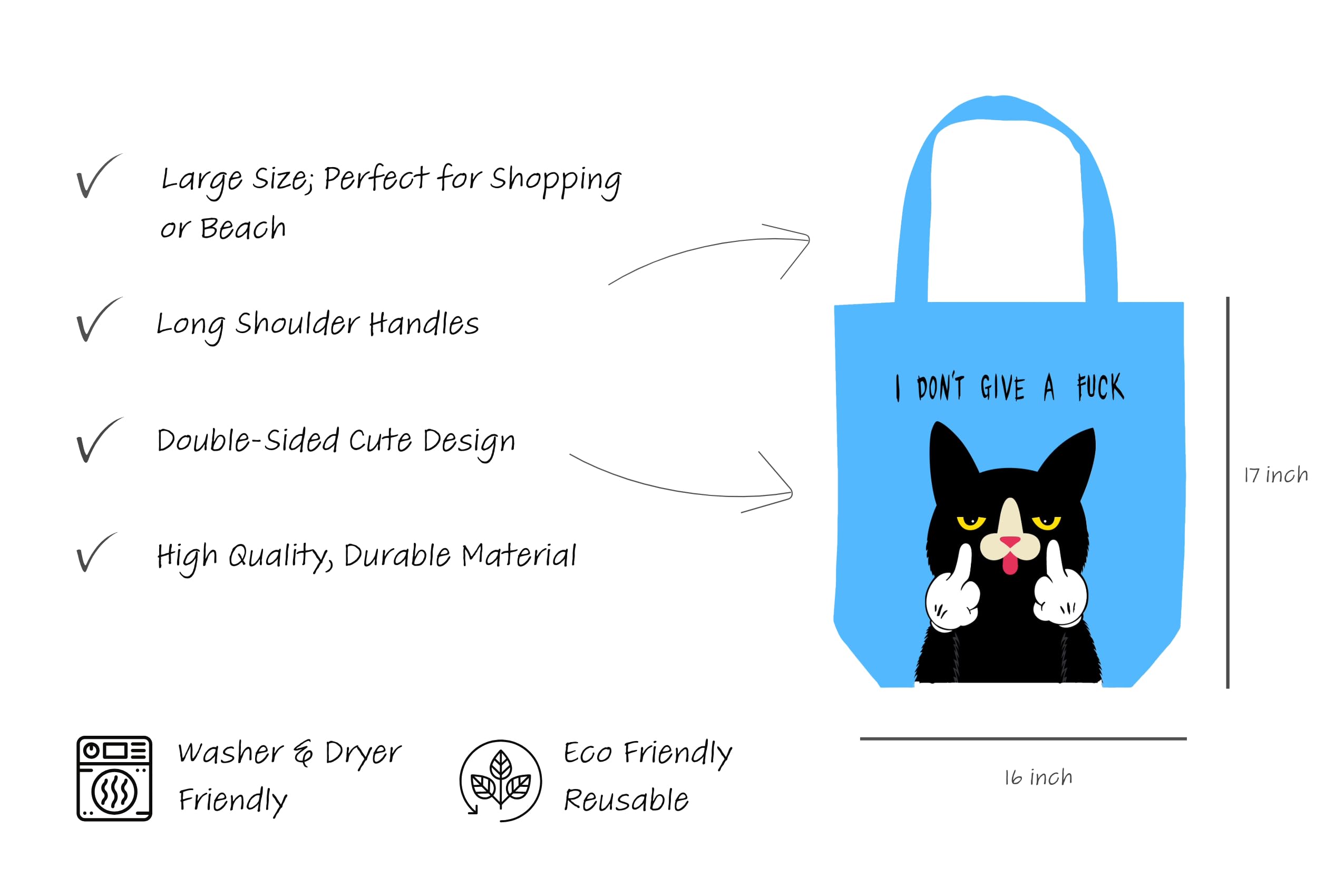 Funny Cat Tote Bag for Women - Cute Kitty Gift for Cat Lovers & Cat Moms - Large Blue Book Tote - Perfect Birthday Gift & Everyday Use for Work, Shopping & Beach