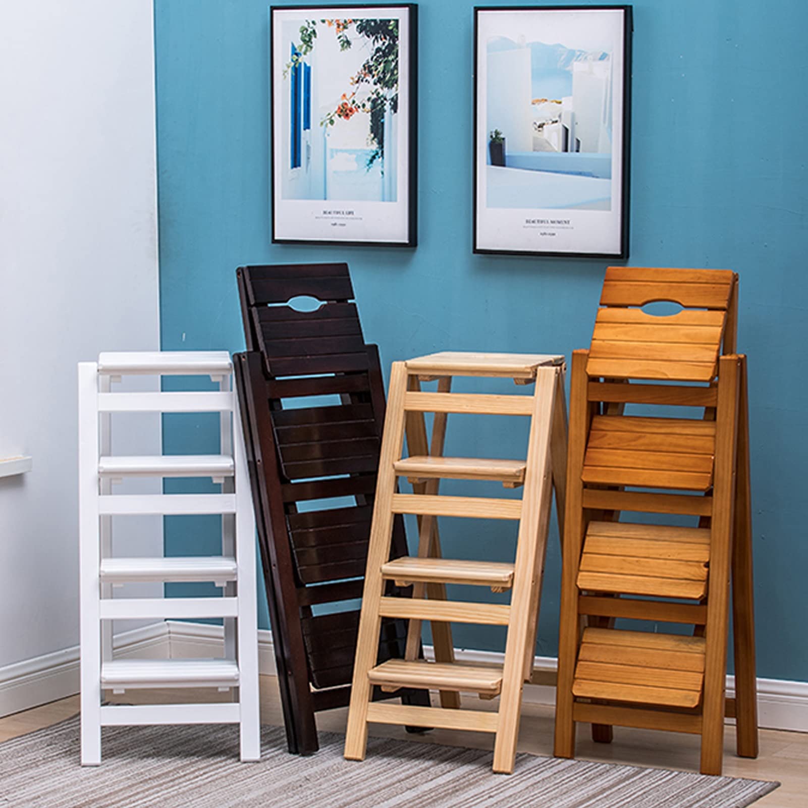 4-Step Solid Wood Folding Step Stool with Handles - Compact Ladder Stool for Kitchen, Bathroom, and Garage Storage - Non-Slip Tread Safety Stool for Home and Office Use