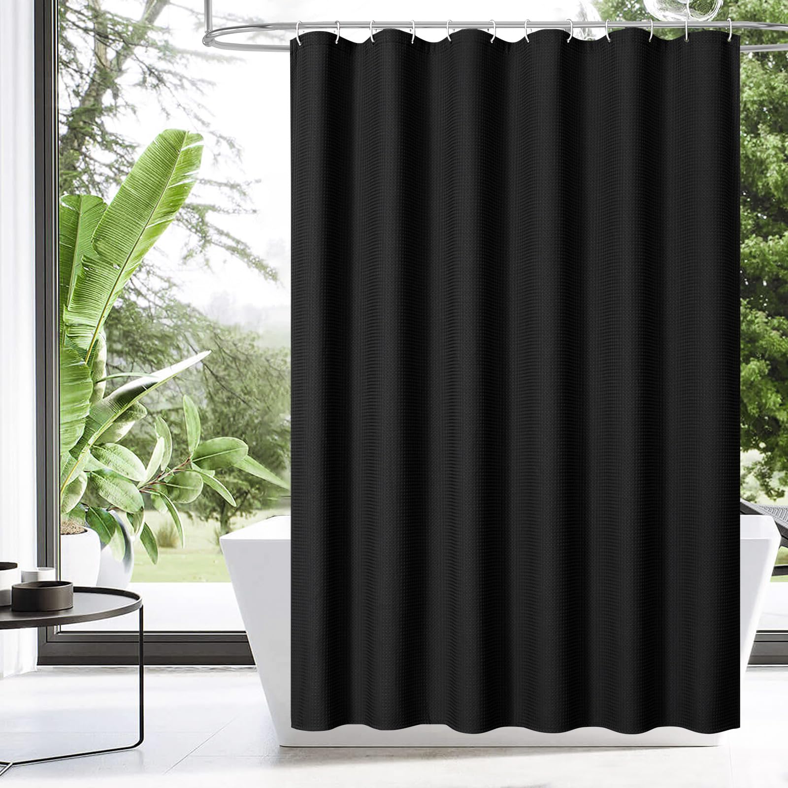 MitoVilla 72x78 Inch Waffle Weave Black Shower Curtain - Luxury Hotel Style Fabric Bathroom Curtain Set, Water Resistant & Machine Washable - Perfect for Modern Farmhouse, Spa, and Guest Bathroom Decor