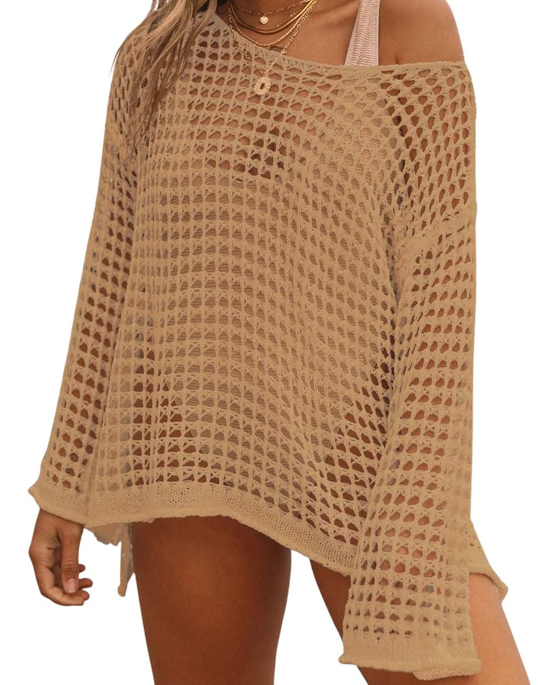 AILUNSNIKA Women's Crochet Cover Up - Hollow Out Long Sleeve Knitted Beach Swimsuit Cover - Perfect for Poolside, Beach Vacation & Summer Outfits