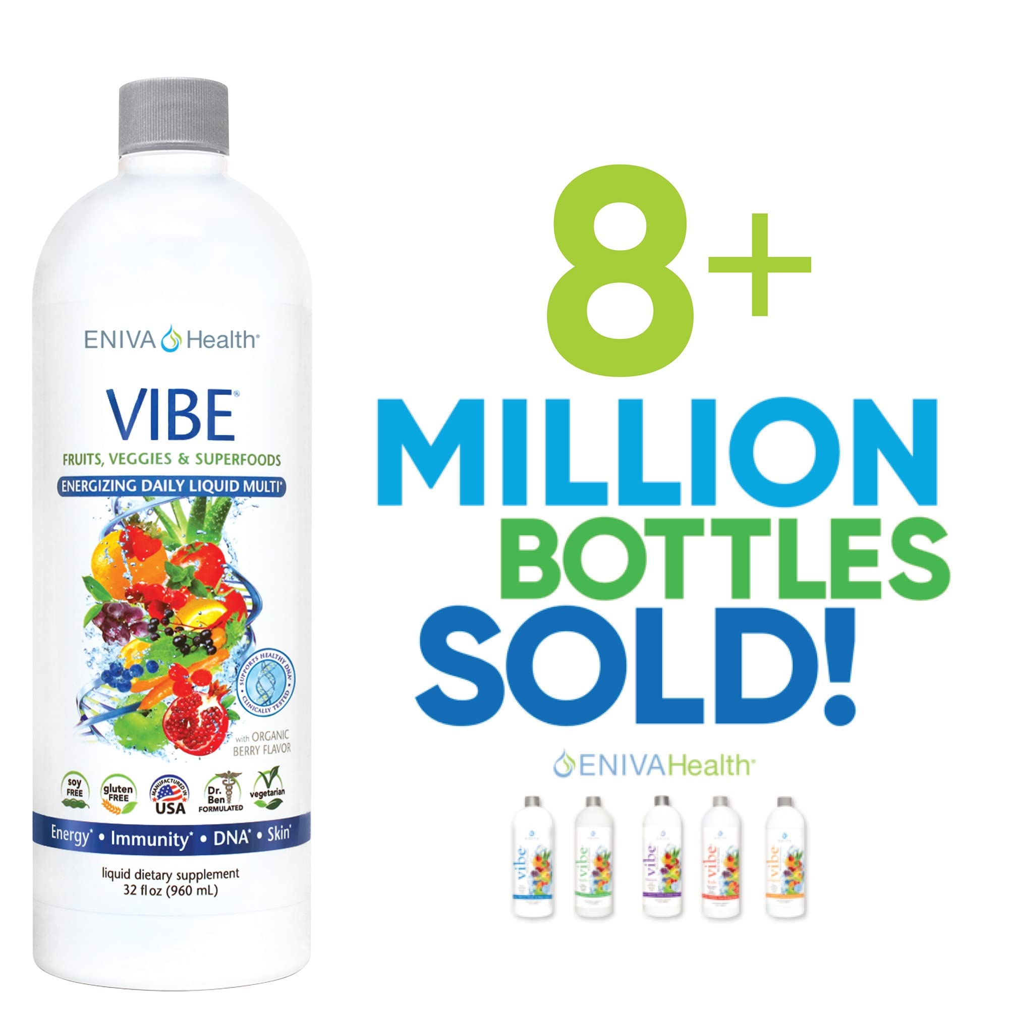 Eniva Health Vibe Liquid Daily Multivitamin - Fruit & Veggie Superfood Supplement with Essential Vitamins & Minerals | Doctor Formulated for Optimal Absorption | 2 Bottle Value Pack (64 oz) | Perfect for Busy Lifestyles, Athletes & Immune Support