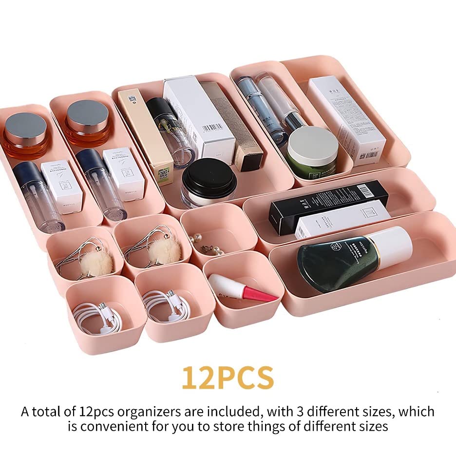 12-Piece Plastic Drawer Organizer Set - Vanity Storage Bins & Trays with Dividers for Makeup, Office, Bathroom, Dresser & Kitchen - Pink (39289) | Perfect for Clutter-Free Organization at Home & Work