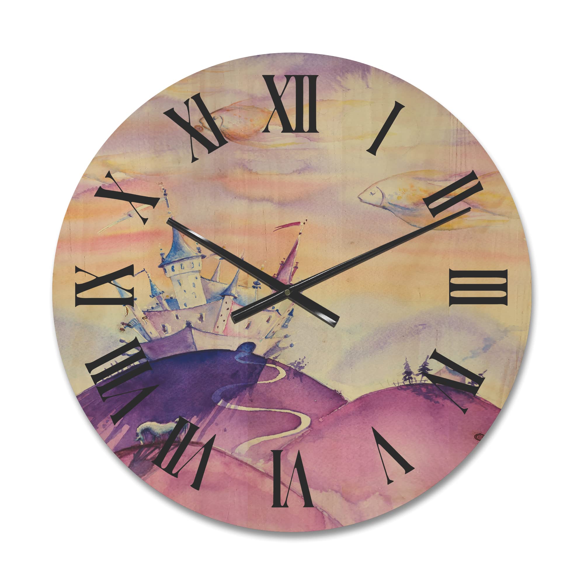 DesignQ 'Fairy Tale Kingdom Palace On Purple Mountain Top' Large Wooden Wall Clock - Children's Art, Nature Landscape Decor - Oversized Wooden Clock for Living Room, Bedroom & Nursery Décor - Perfect for Fantasy Themed Rooms & Kids' Spaces