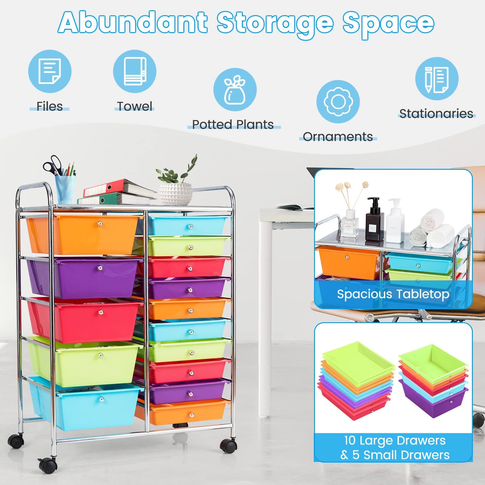 15-Drawer Rolling Storage Cart with Removable Drawers & Sturdy Steel Frame - Multipurpose Utility Organizer Cart with Smooth-Glide Wheels & Ergonomic Handle - Perfect for Home Organization, Classroom Supplies, Office Storage & Retail Displays