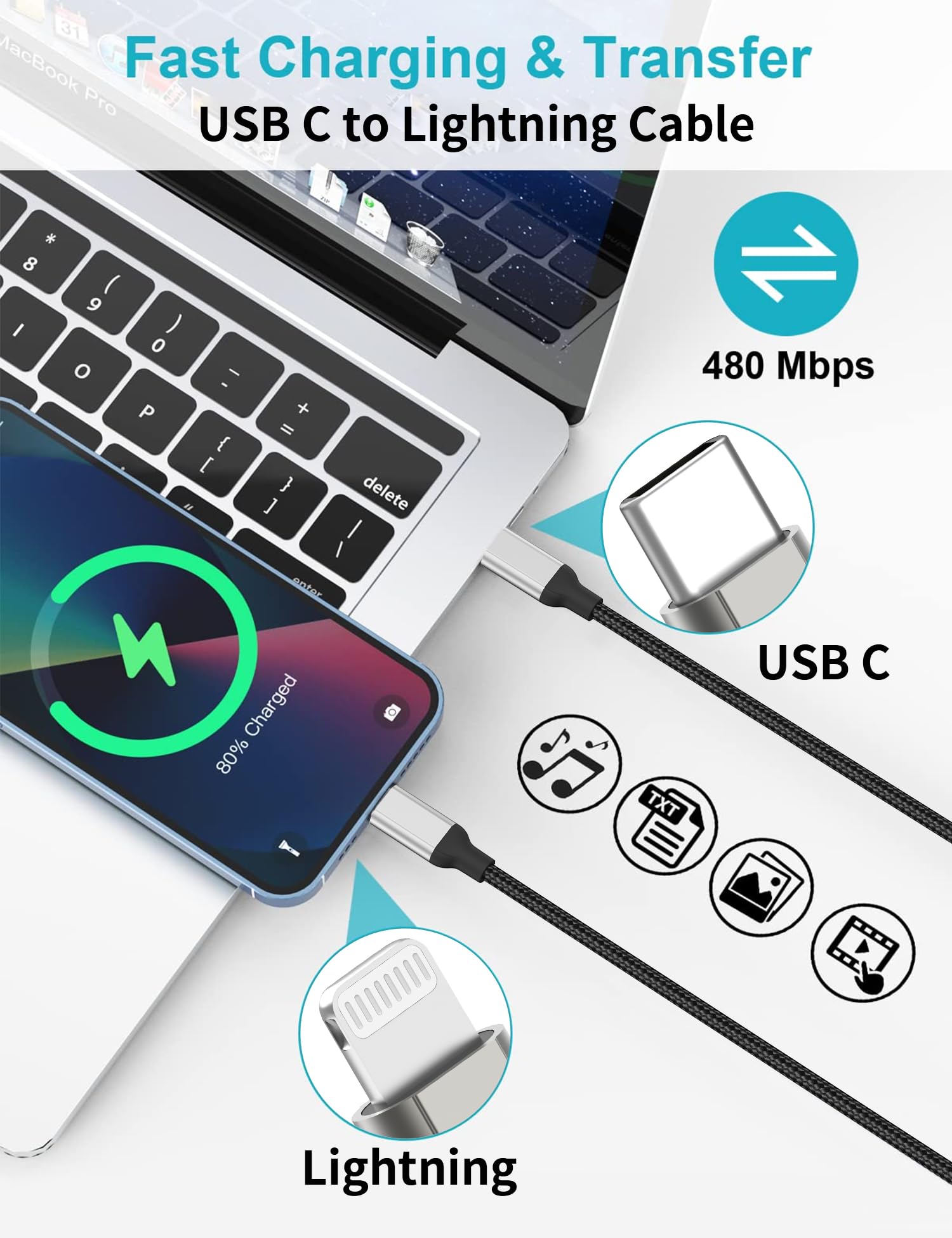 Acecene 2-Pack MFi Certified USB C to Lightning Cable 1m - Fast Charging Cord for iPhone 14/13/12/11 Pro Max/8/7/6 Plus/SE/X - Compatible with iPad & AirPods - Perfect for Home, Office & Travel (Black)