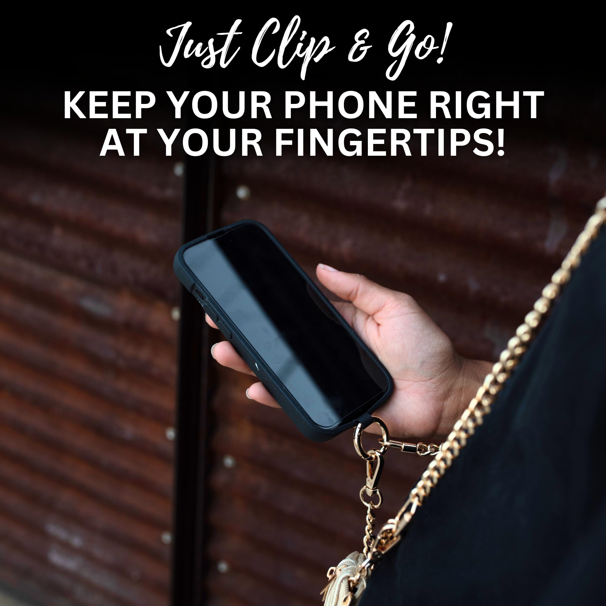 Clip and Go Phone Lanyard with Wallet – Adjustable Crossbody Chain Strap for Women, Gun Metal Finish & Black Pouch, Hands-Free Carrying for Shopping, Travel, and Outdoor Activities