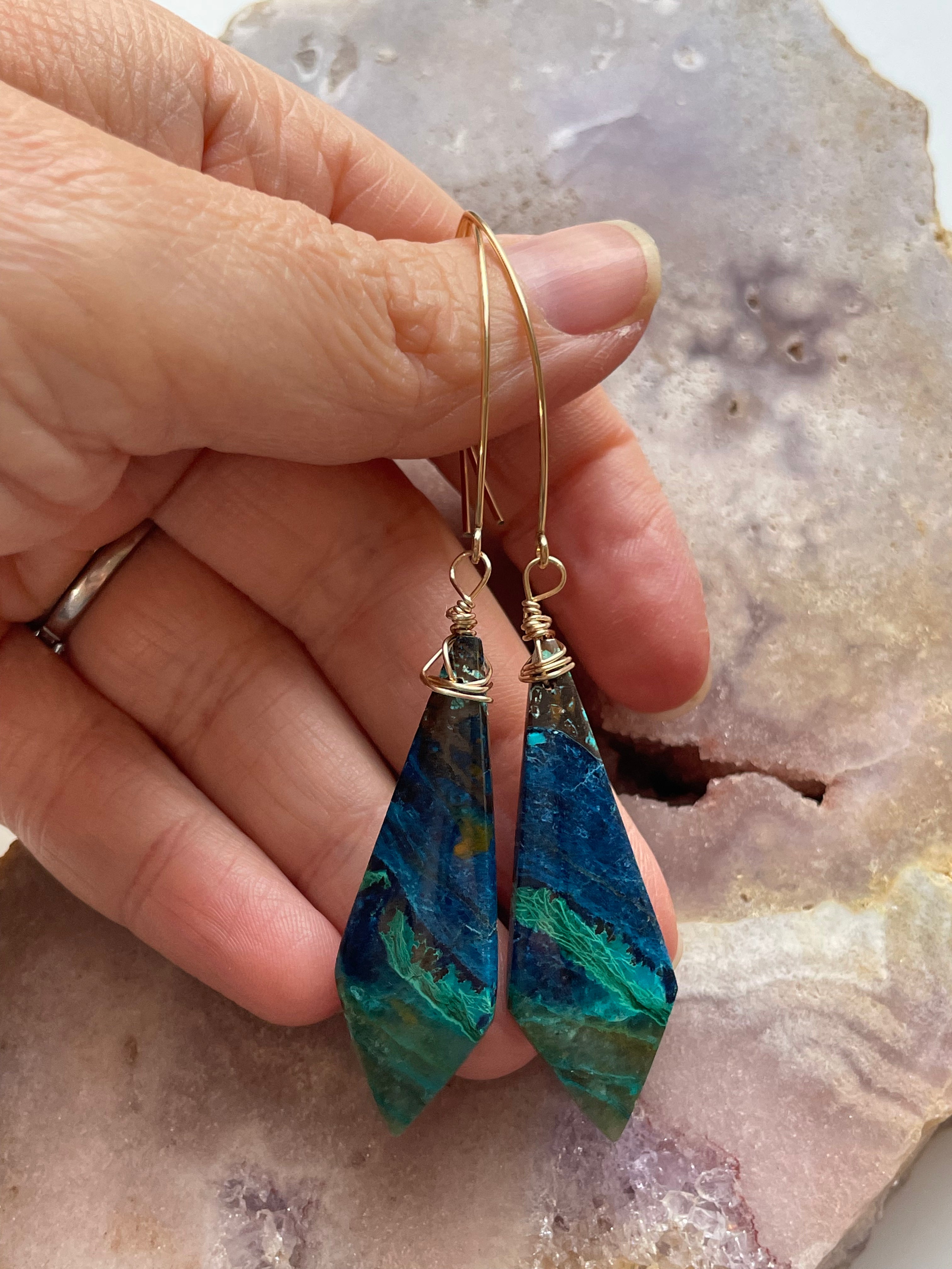 Chrysocolla Gold Filled Statement Crystal Gemstone Earrings for Women | Elegant Bohemian Jewelry for Parties, Weddings & Special Occasions