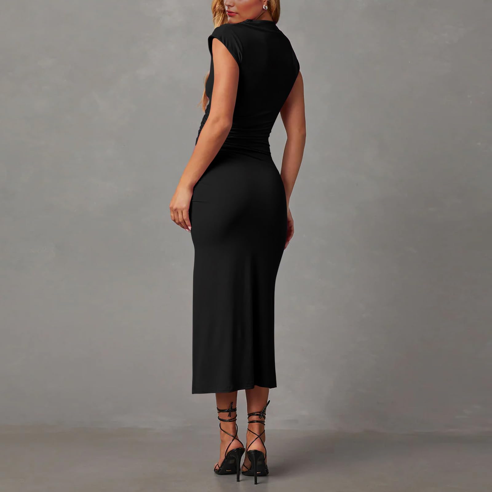 Beverly Women's Ruched Bodycon Dress - Crew Neck, Short Sleeve, High Split Midi Cocktail Dress for Party, Night Out, Date Night & Special Occasions