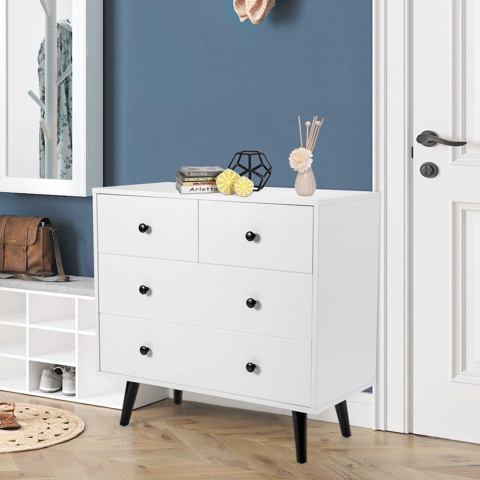 Giantex 4-Drawer Storage Cabinet with Spacious Drawers & Metal Handles - Sturdy Wooden Organizer for Living Room, Hallway, Office - White | Perfect for Home Organization, Closet Storage & Office Supplies